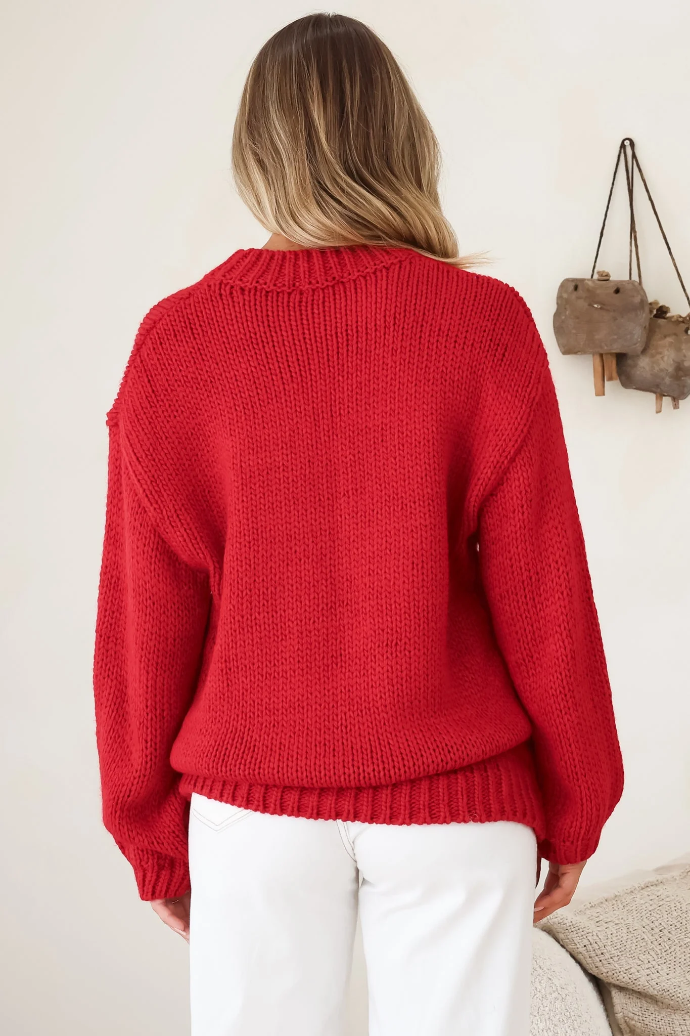 Ma Cherie Jumper - Embroidered Thick Knit with Crew Neck and Long Sleeves in Red - Image 9