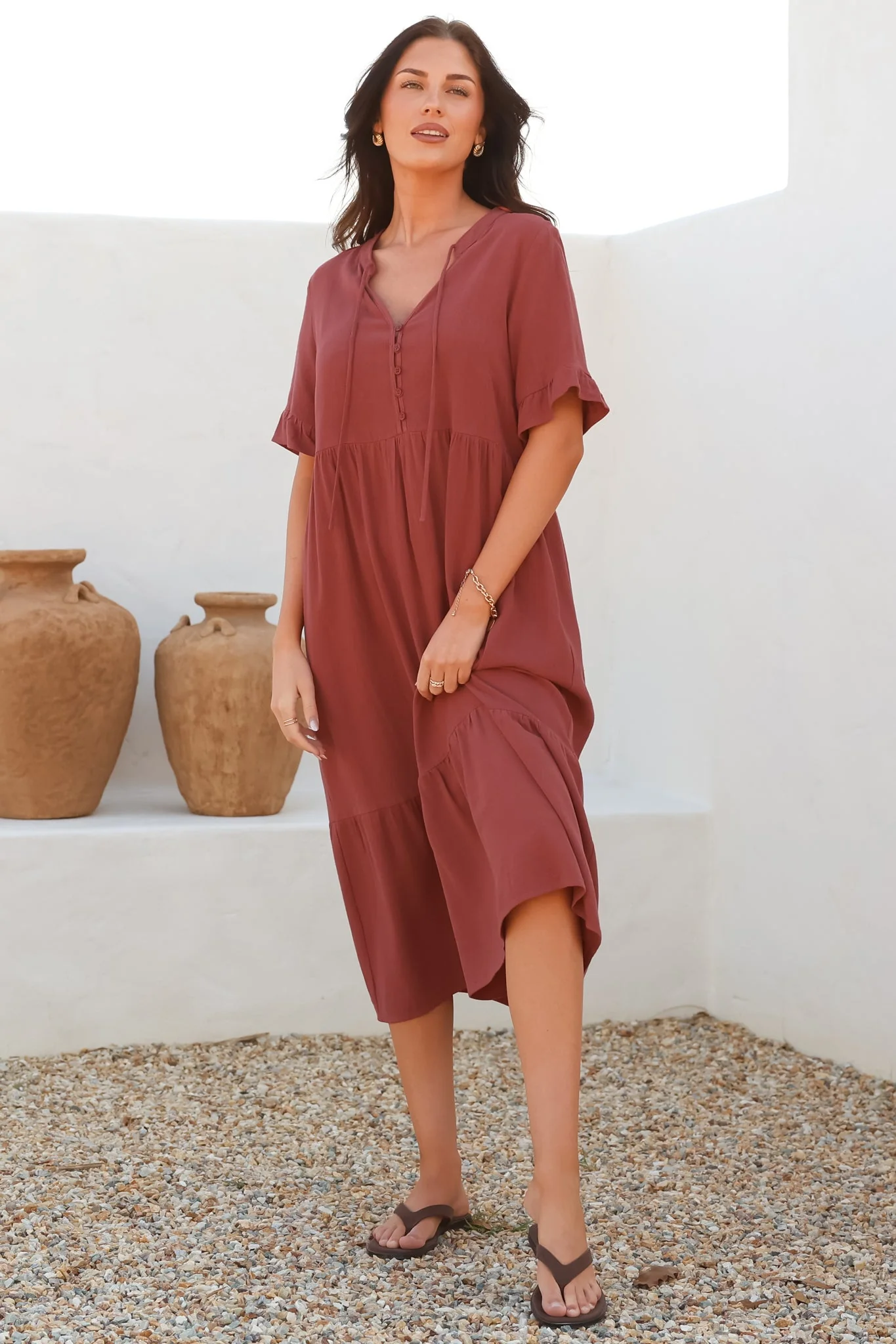 Madalena Midi Dress - Mandarin Collar Buttoned Bodice Smock Dress in Terracotta - Image 10