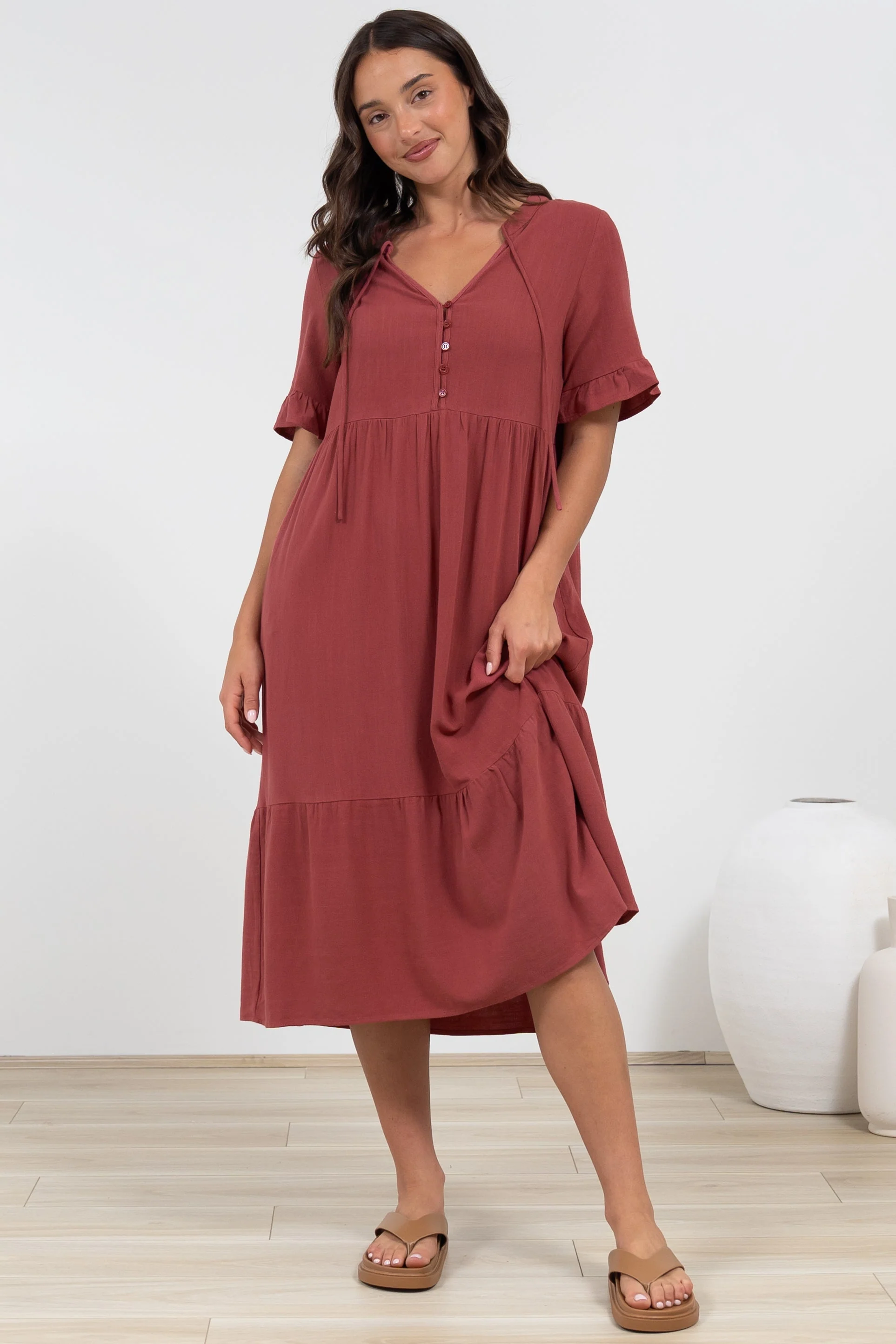 Madalena Midi Dress - Mandarin Collar Buttoned Bodice Smock Dress in Terracotta - Image 11
