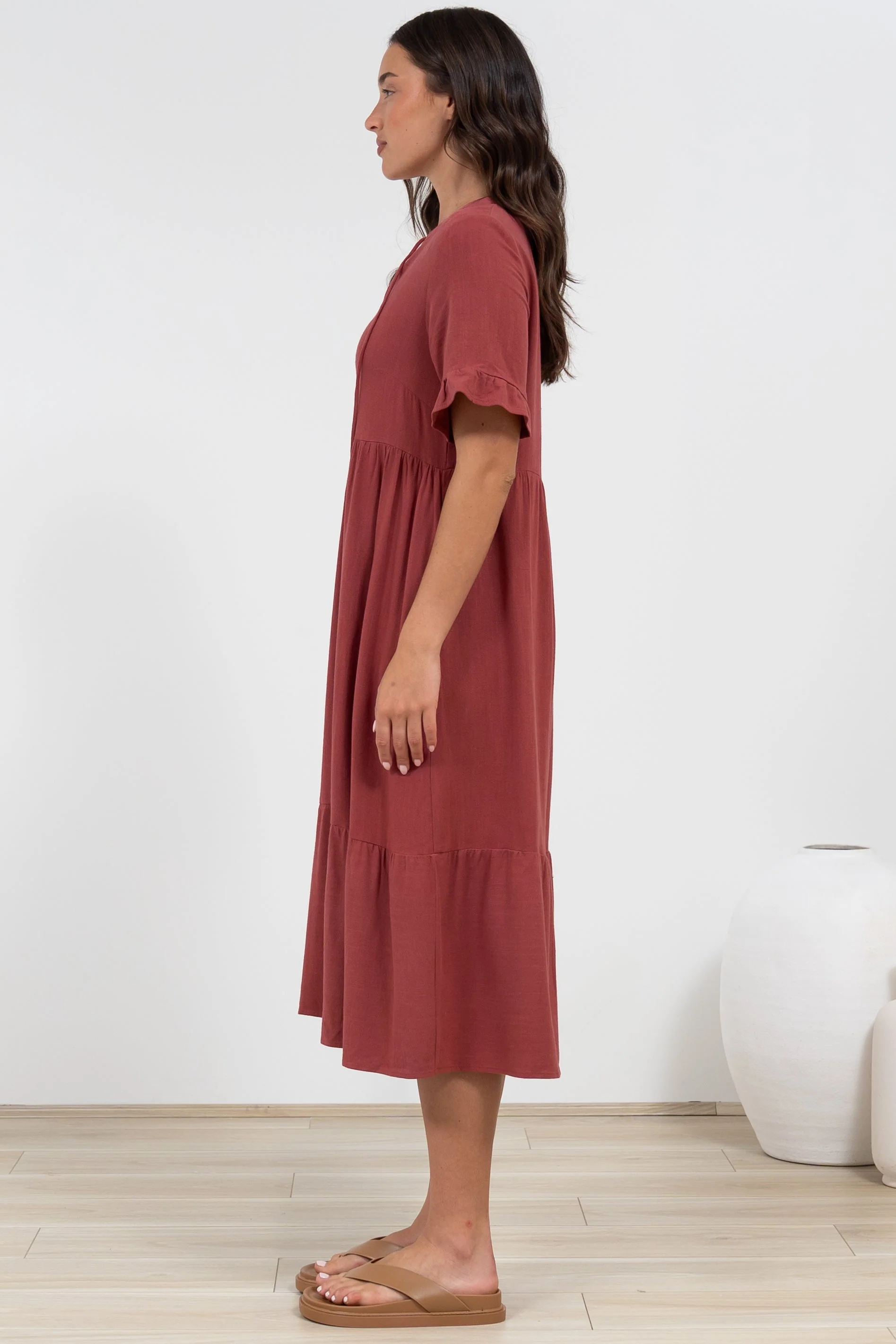 Madalena Midi Dress - Mandarin Collar Buttoned Bodice Smock Dress in Terracotta - Image 12