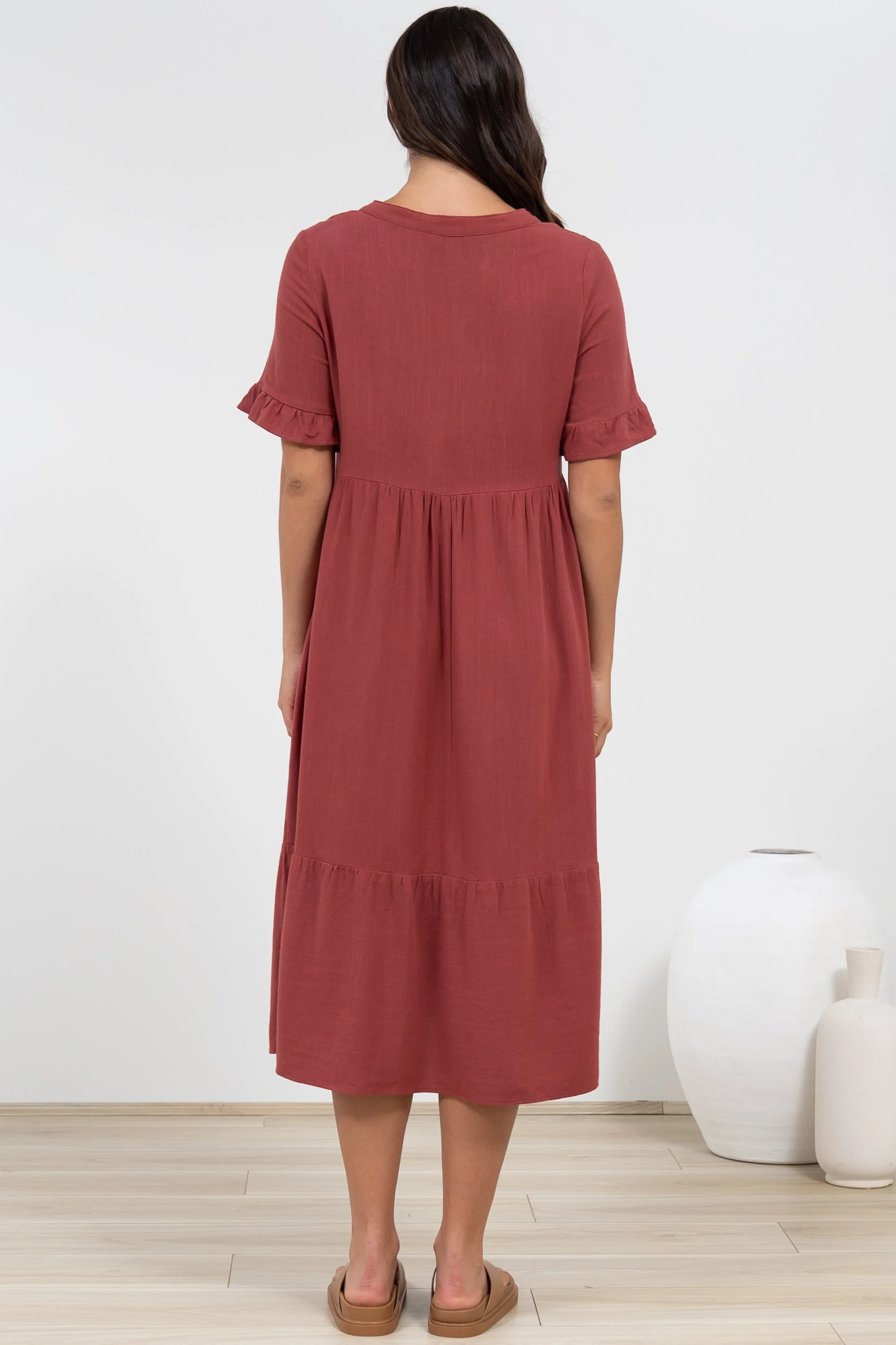 Madalena Midi Dress - Mandarin Collar Buttoned Bodice Smock Dress in Terracotta - Image 13