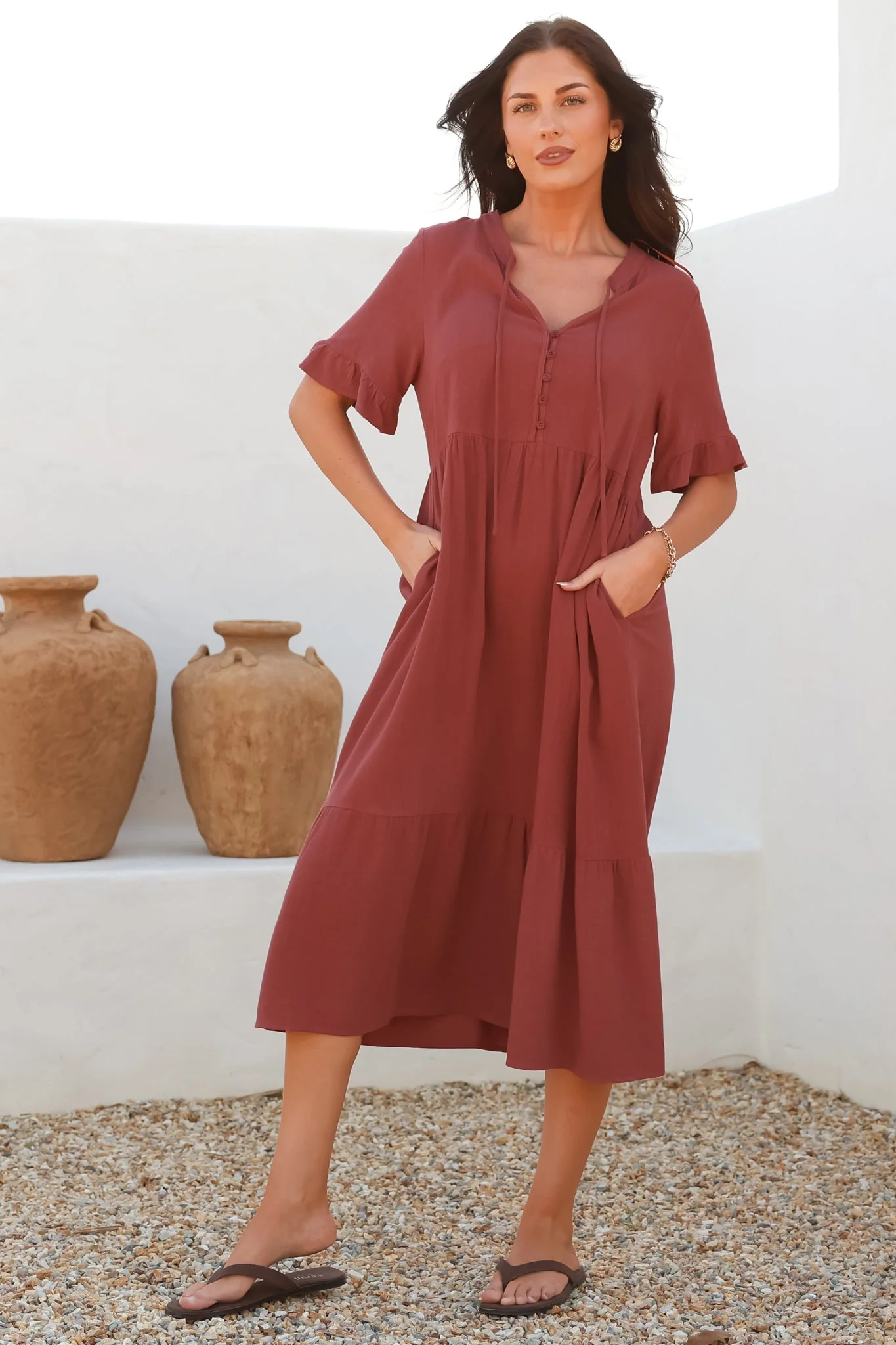 Madalena Midi Dress - Mandarin Collar Buttoned Bodice Smock Dress in Terracotta - Image 14