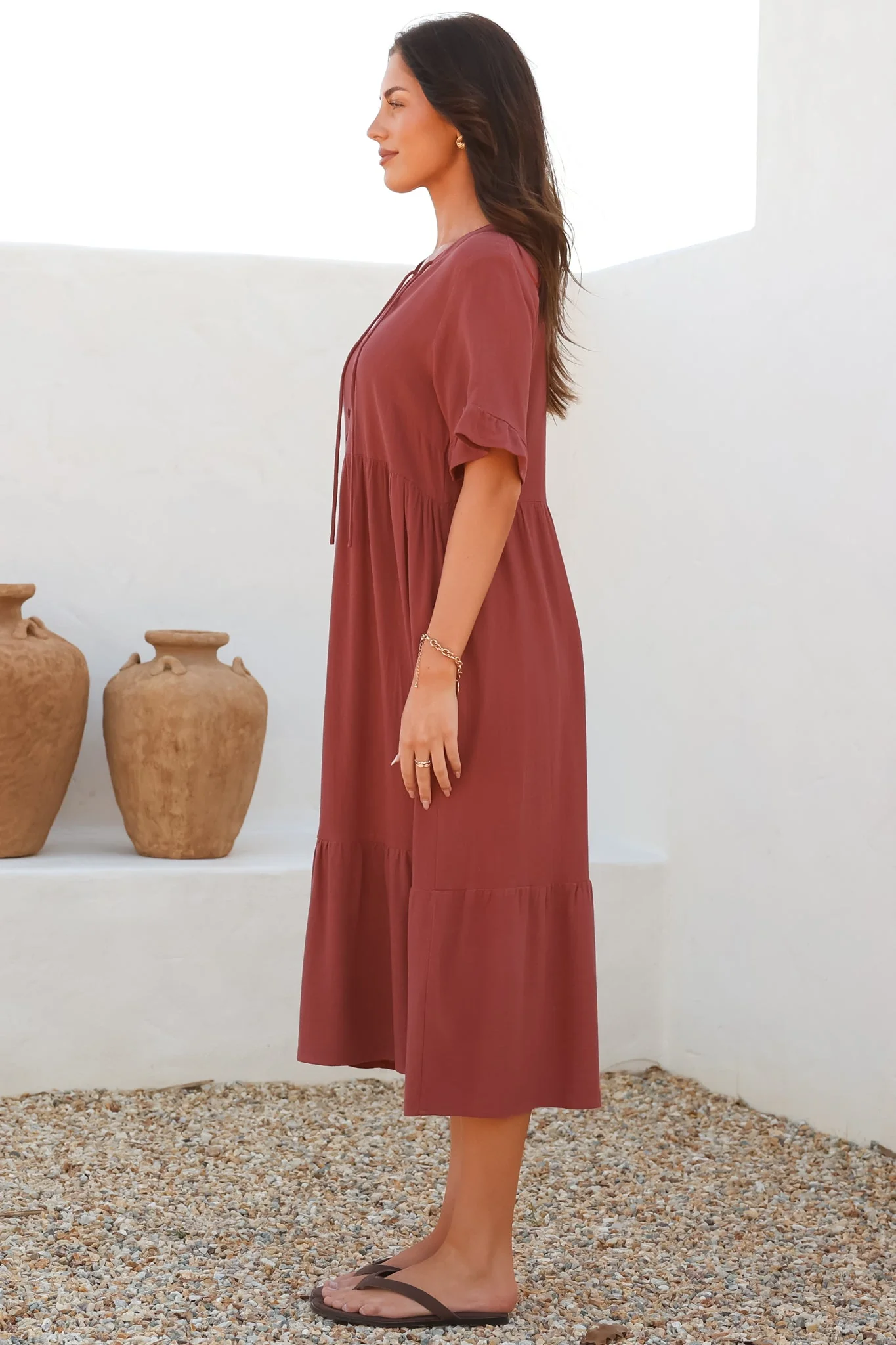 Madalena Midi Dress - Mandarin Collar Buttoned Bodice Smock Dress in Terracotta - Image 16