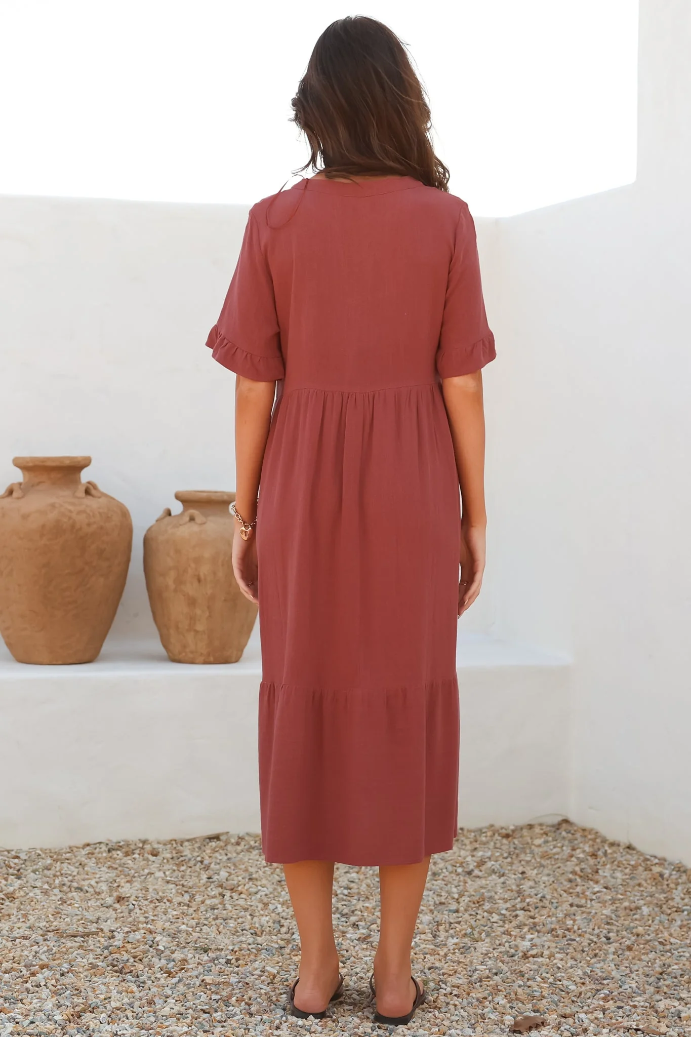 Madalena Midi Dress - Mandarin Collar Buttoned Bodice Smock Dress in Terracotta - Image 17