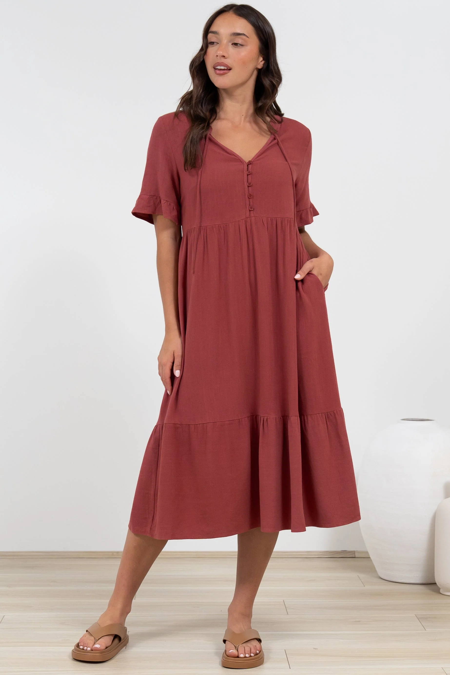 Madalena Midi Dress - Mandarin Collar Buttoned Bodice Smock Dress in Terracotta - Image 2