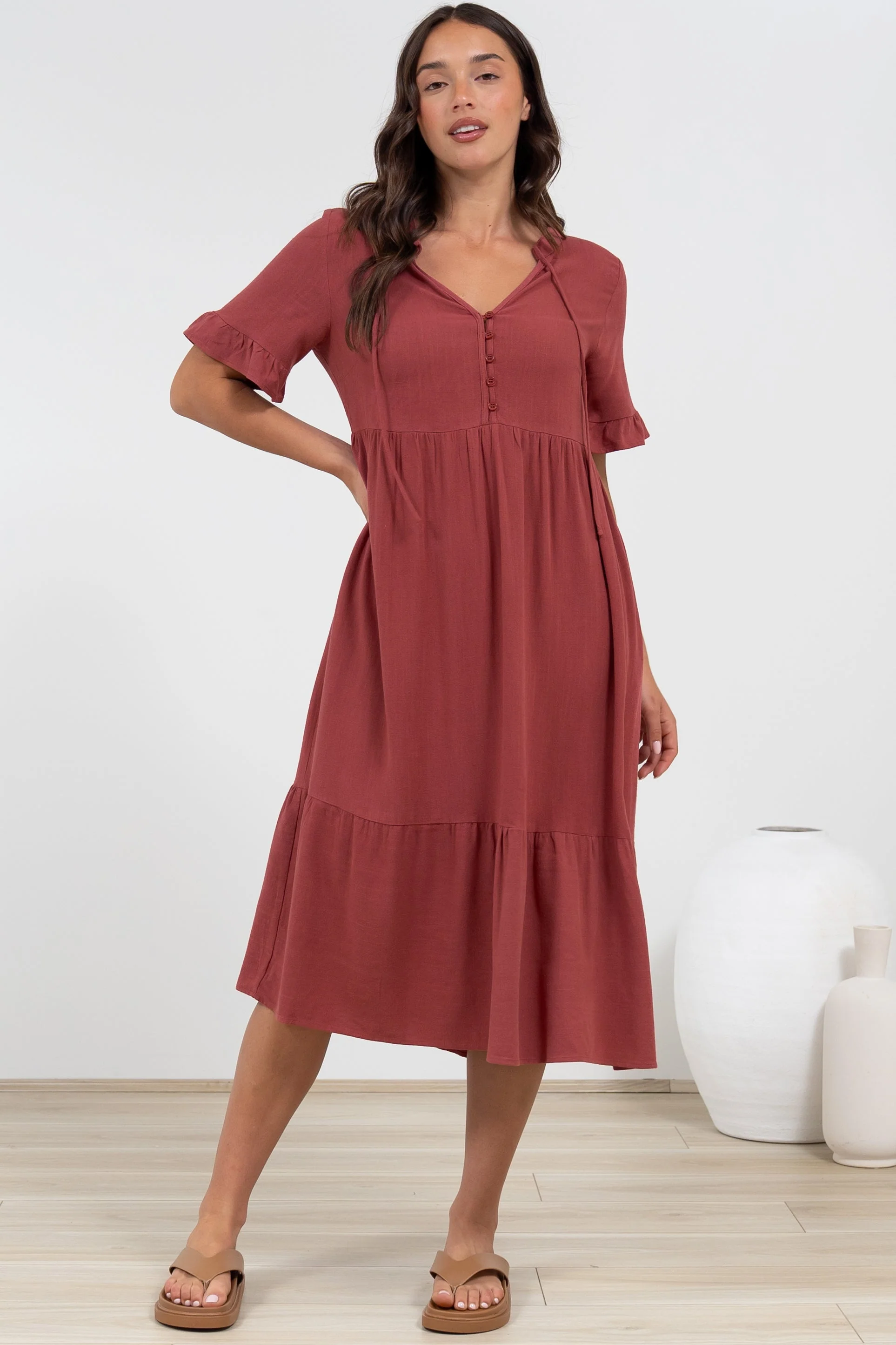 Madalena Midi Dress - Mandarin Collar Buttoned Bodice Smock Dress in Terracotta - Image 3