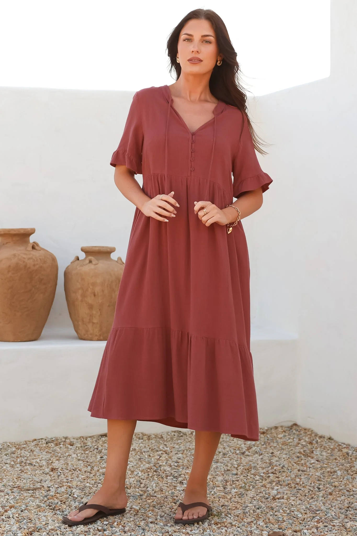 Madalena Midi Dress - Mandarin Collar Buttoned Bodice Smock Dress in Terracotta - Image 4