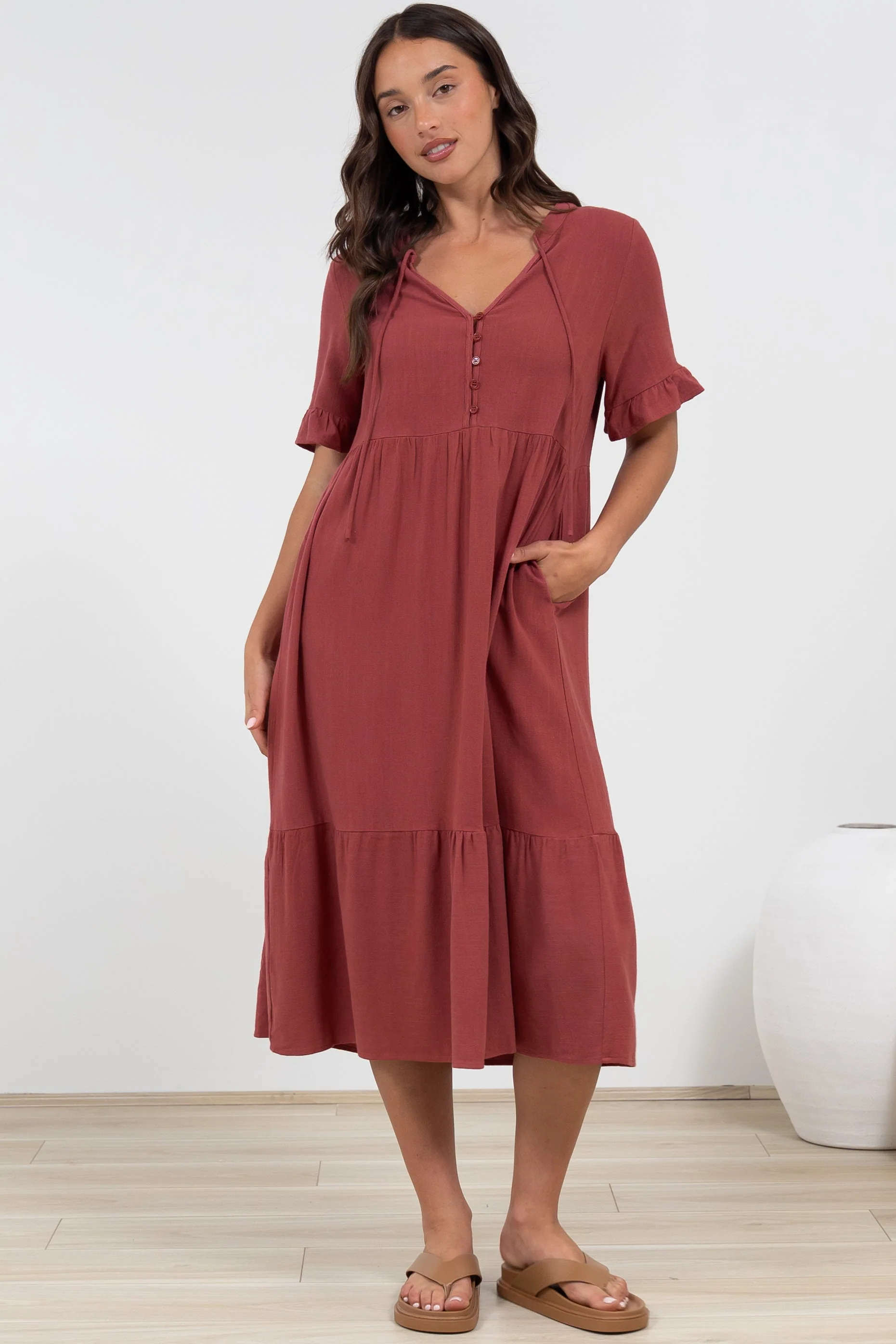 Madalena Midi Dress - Mandarin Collar Buttoned Bodice Smock Dress in Terracotta - Image 5