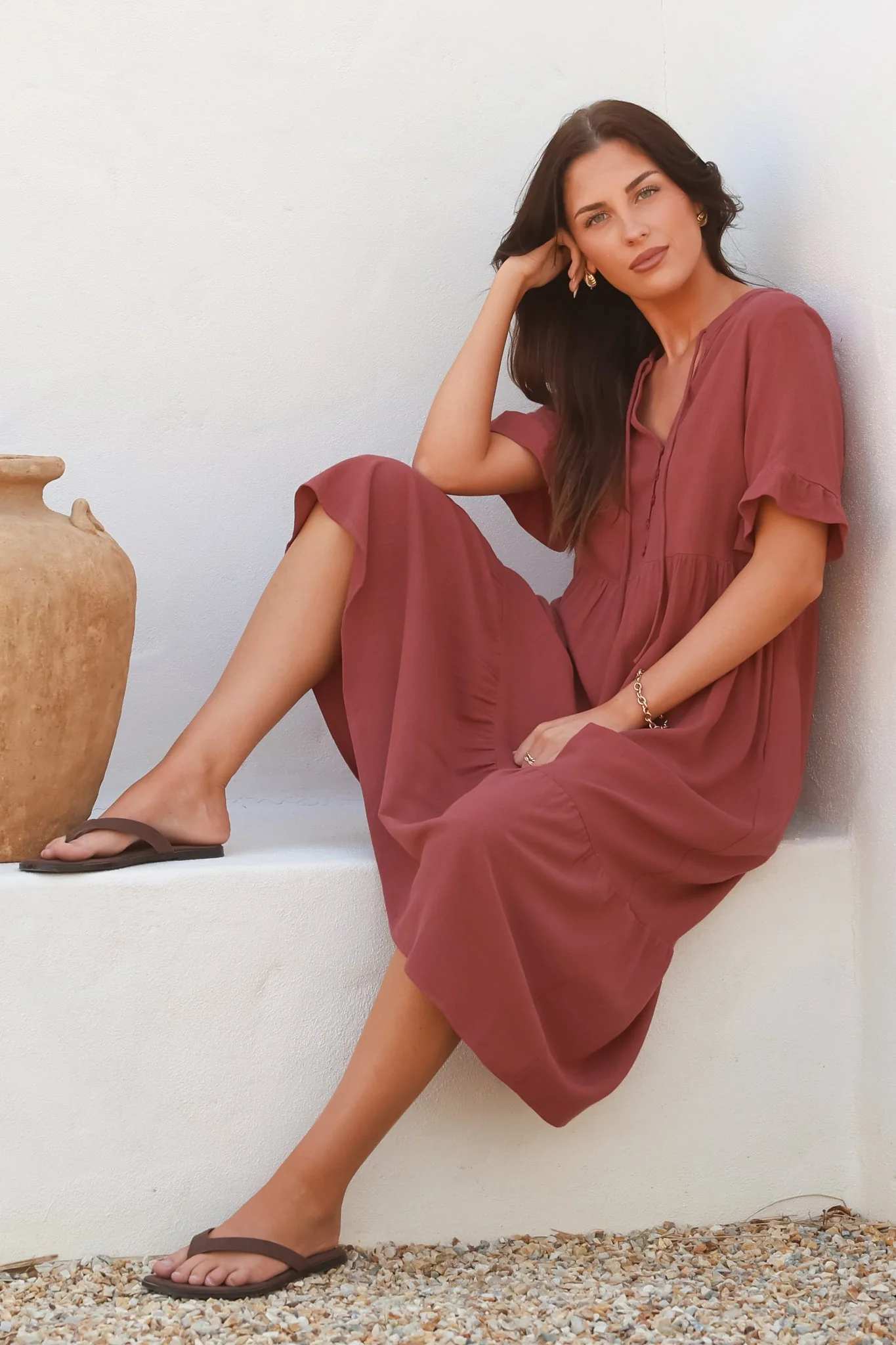 Madalena Midi Dress - Mandarin Collar Buttoned Bodice Smock Dress in Terracotta - Image 6