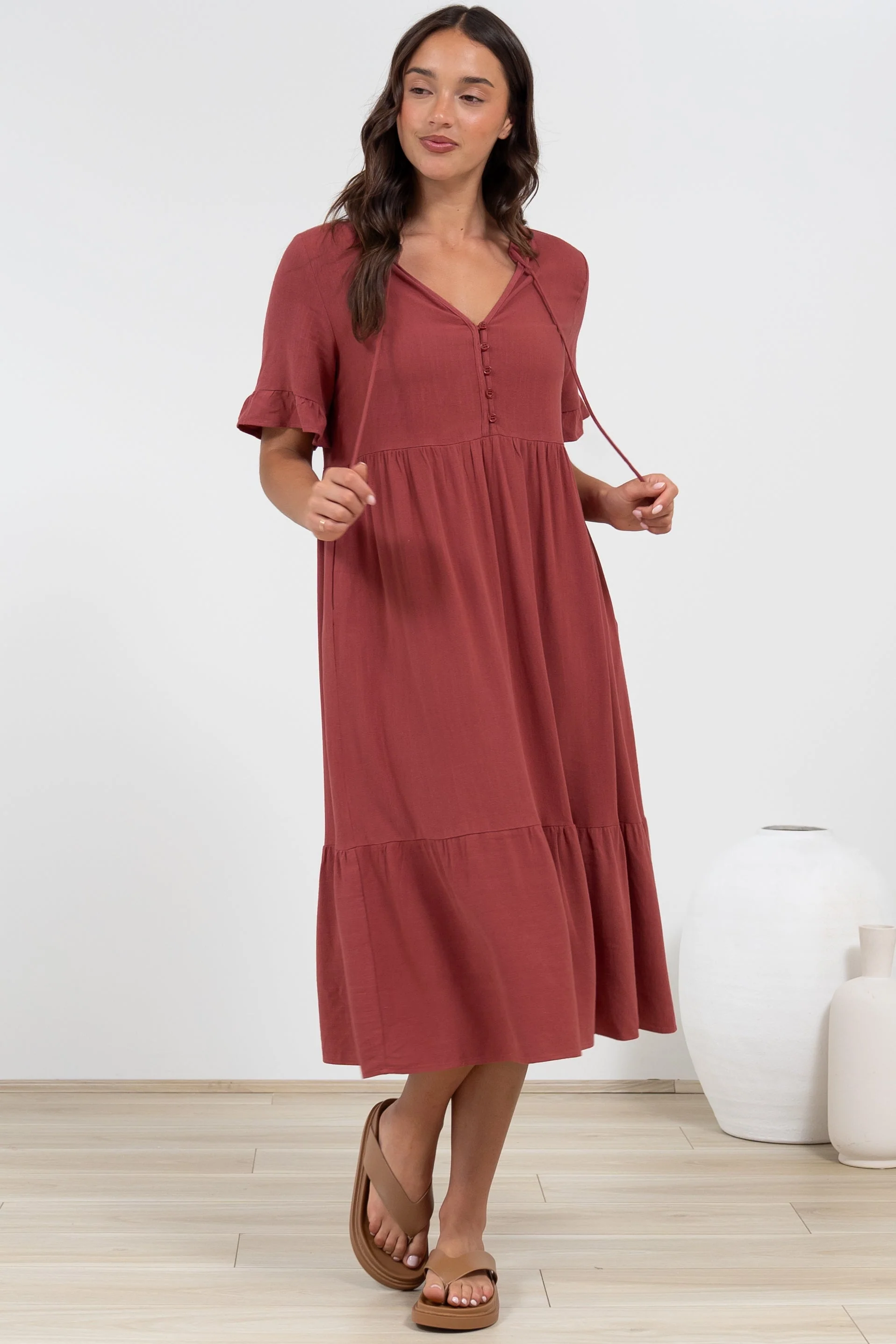 Madalena Midi Dress - Mandarin Collar Buttoned Bodice Smock Dress in Terracotta - Image 7