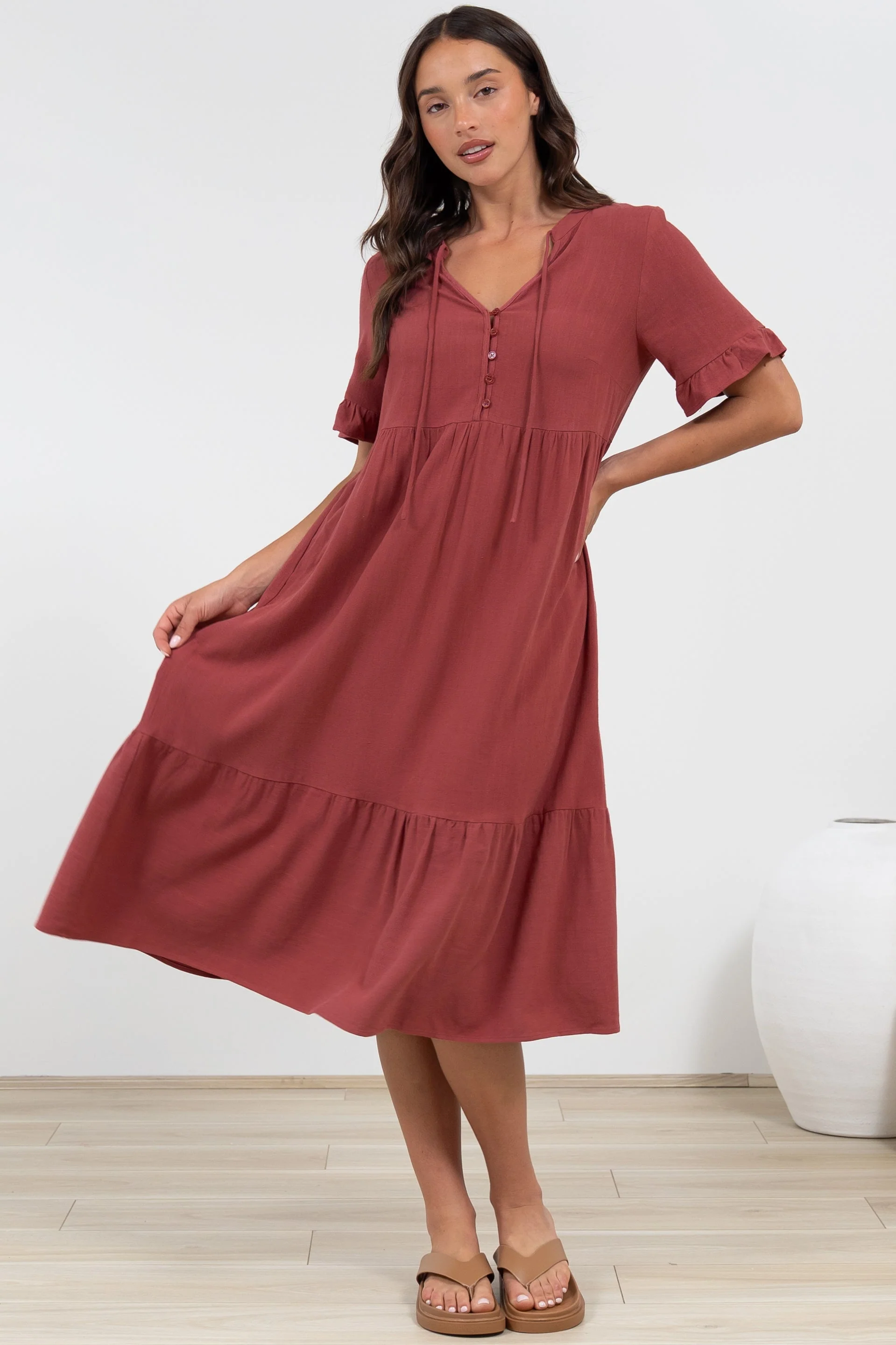 Madalena Midi Dress - Mandarin Collar Buttoned Bodice Smock Dress in Terracotta - Image 8