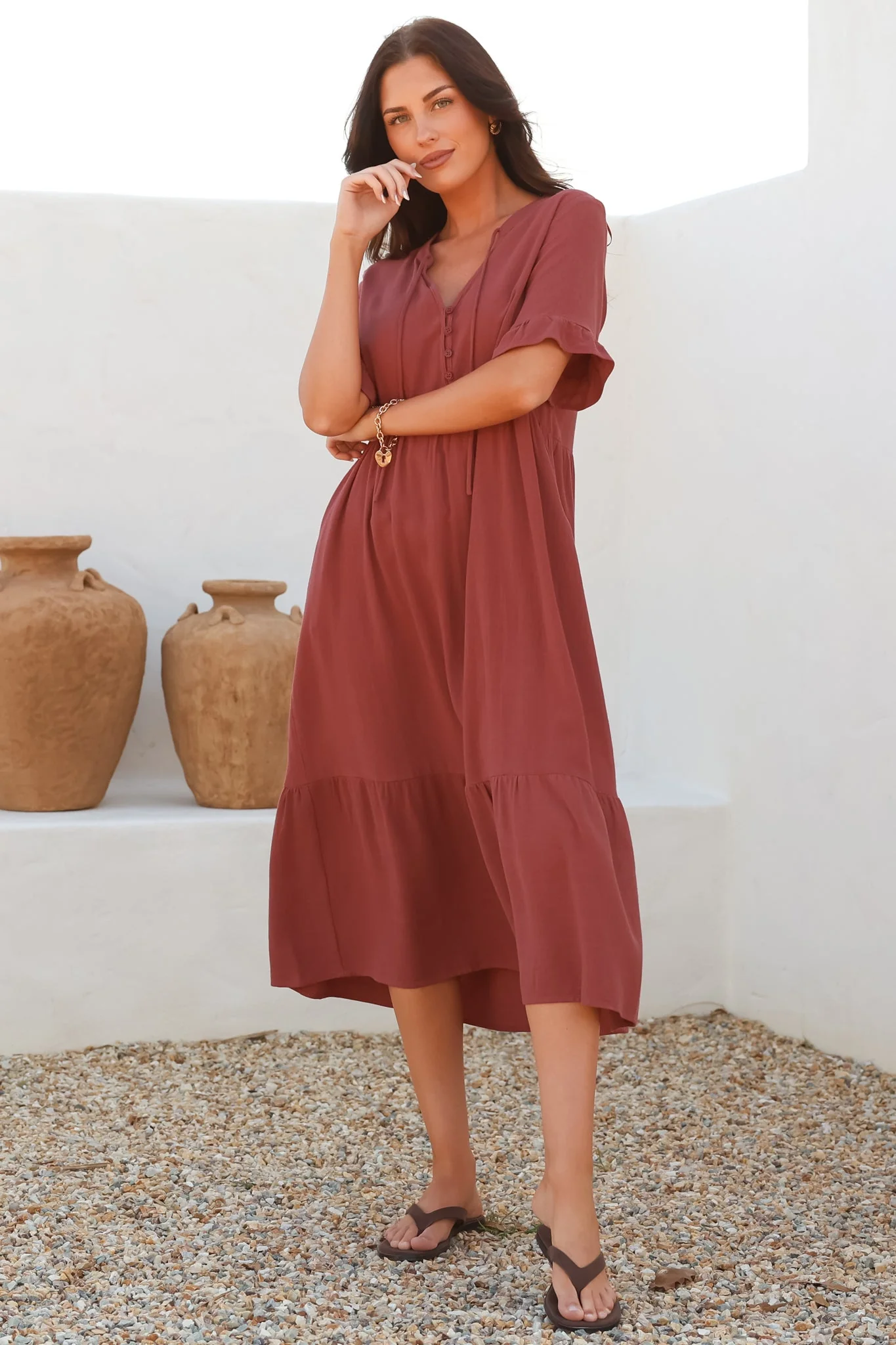 Madalena Midi Dress - Mandarin Collar Buttoned Bodice Smock Dress in Terracotta - Image 9