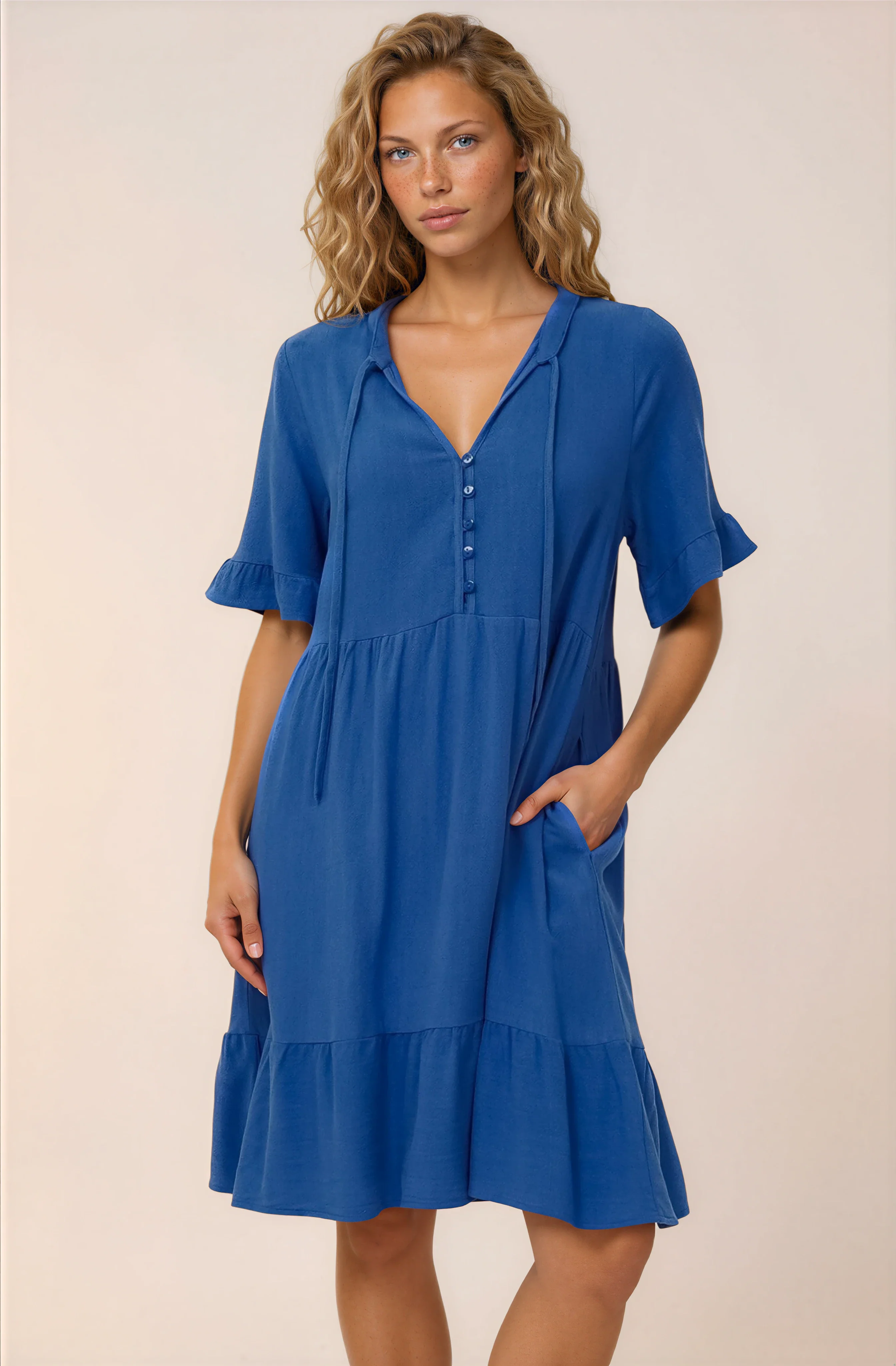 Madalena Mini Dress - Mandarin Collar Buttoned Bodice Smock Dress in Blue - Image 2