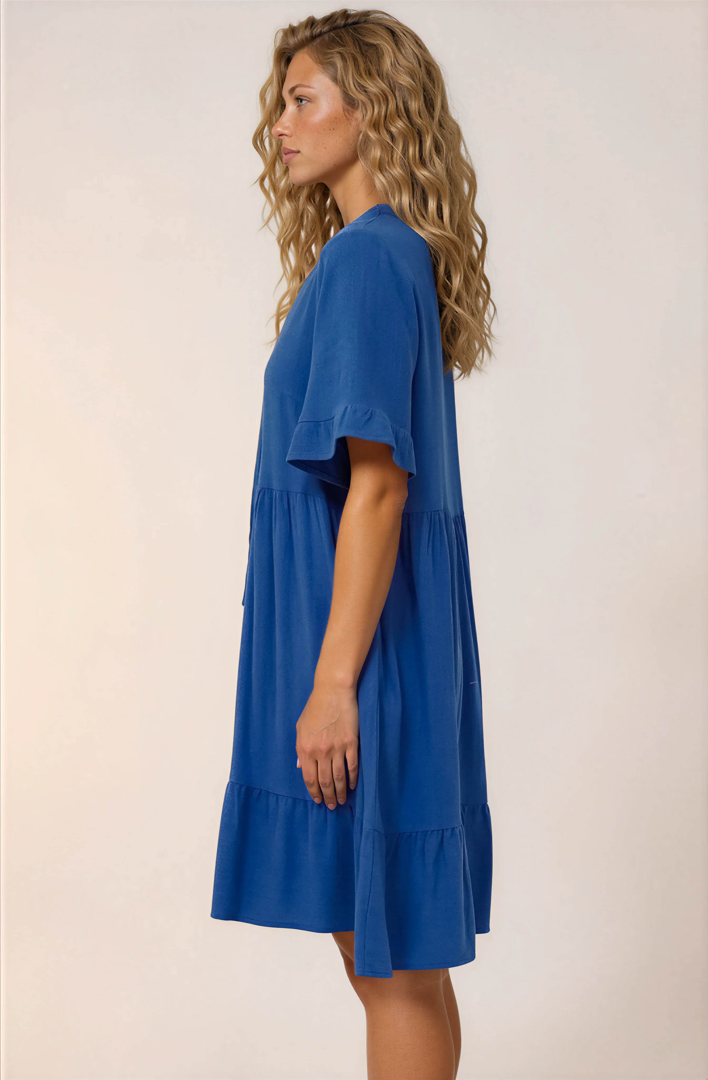 Madalena Mini Dress - Mandarin Collar Buttoned Bodice Smock Dress in Blue - Image 4
