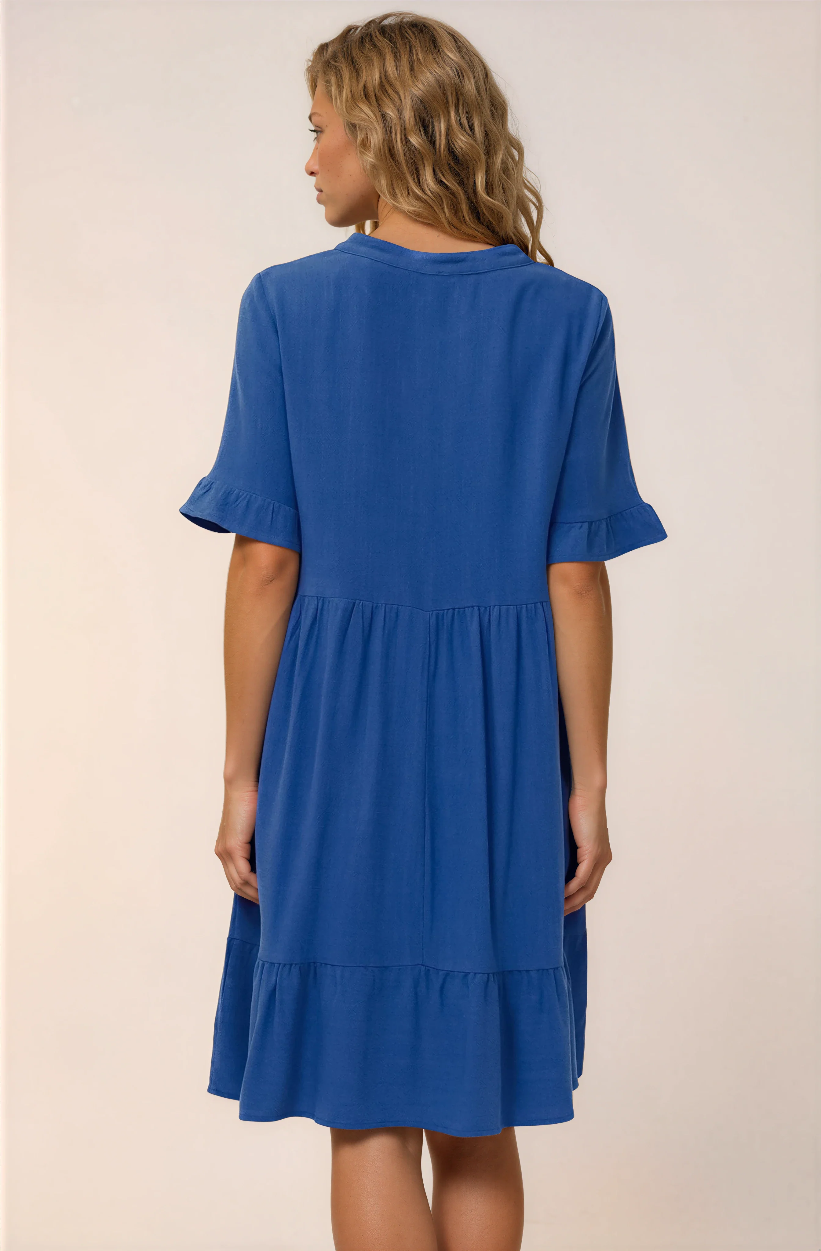 Madalena Mini Dress - Mandarin Collar Buttoned Bodice Smock Dress in Blue - Image 5