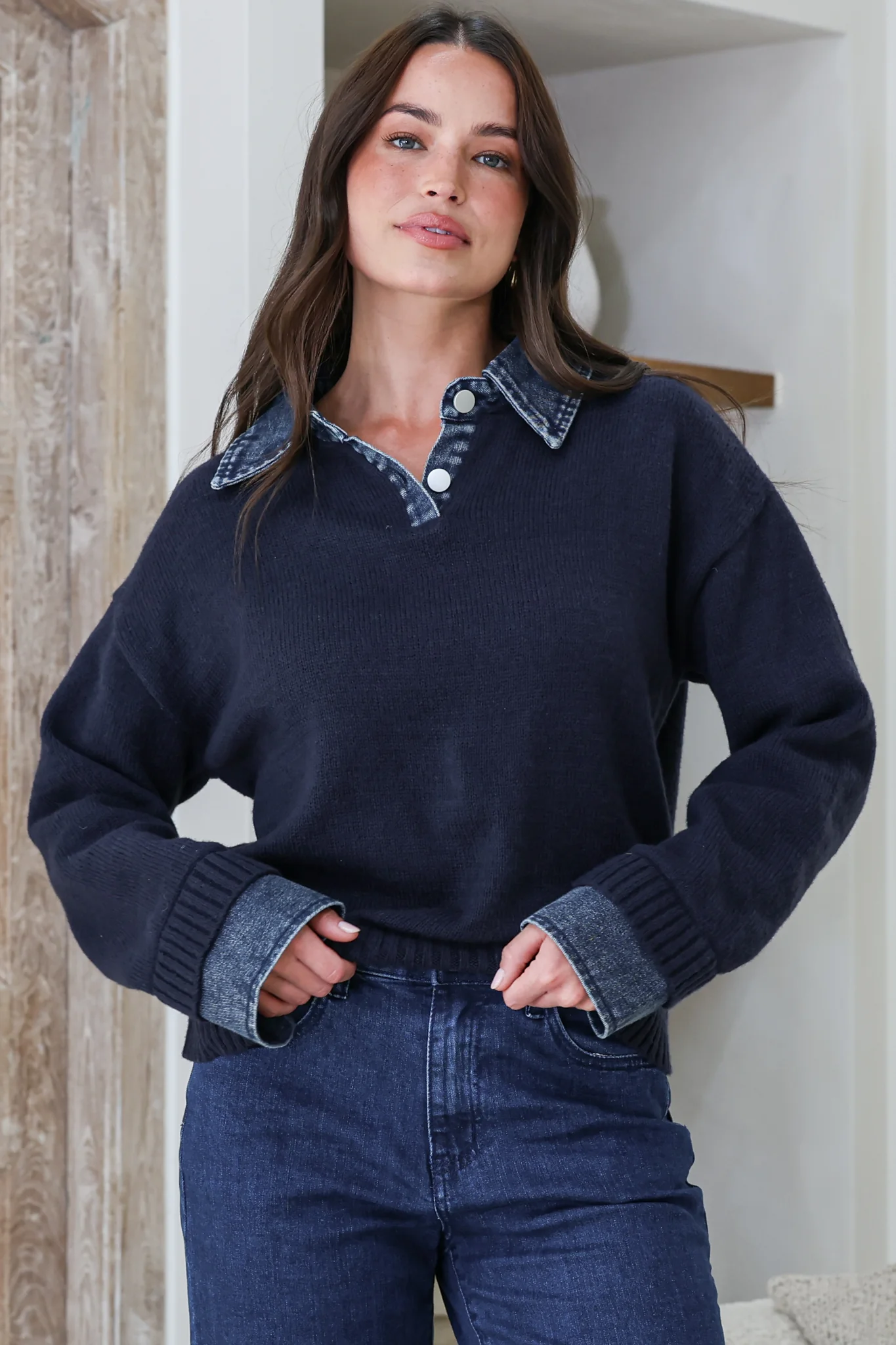 Maddie Jumper - Denim Wing Collar and Cuff Knit Pullover in Navy - Image 4