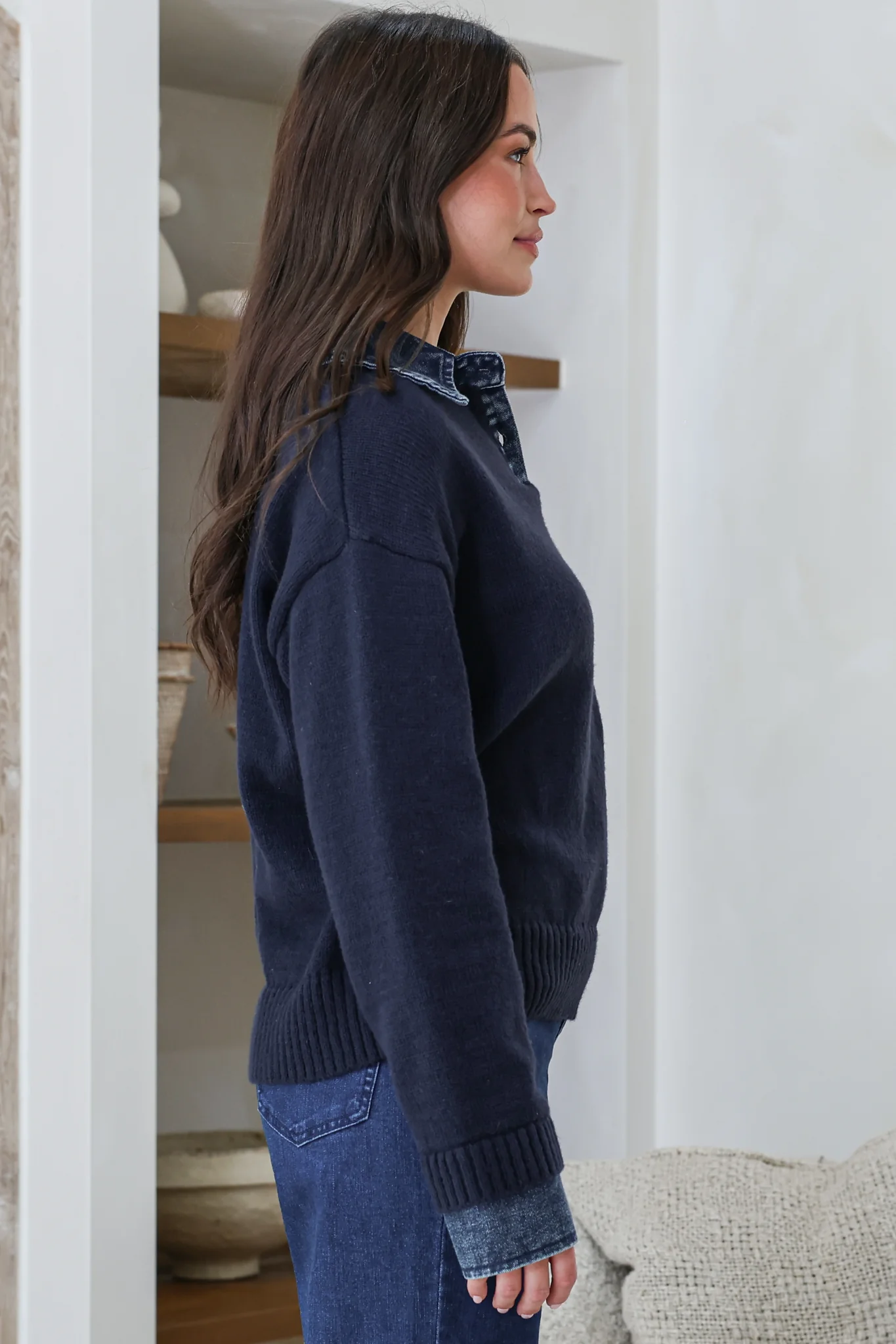 Maddie Jumper - Denim Wing Collar and Cuff Knit Pullover in Navy - Image 8