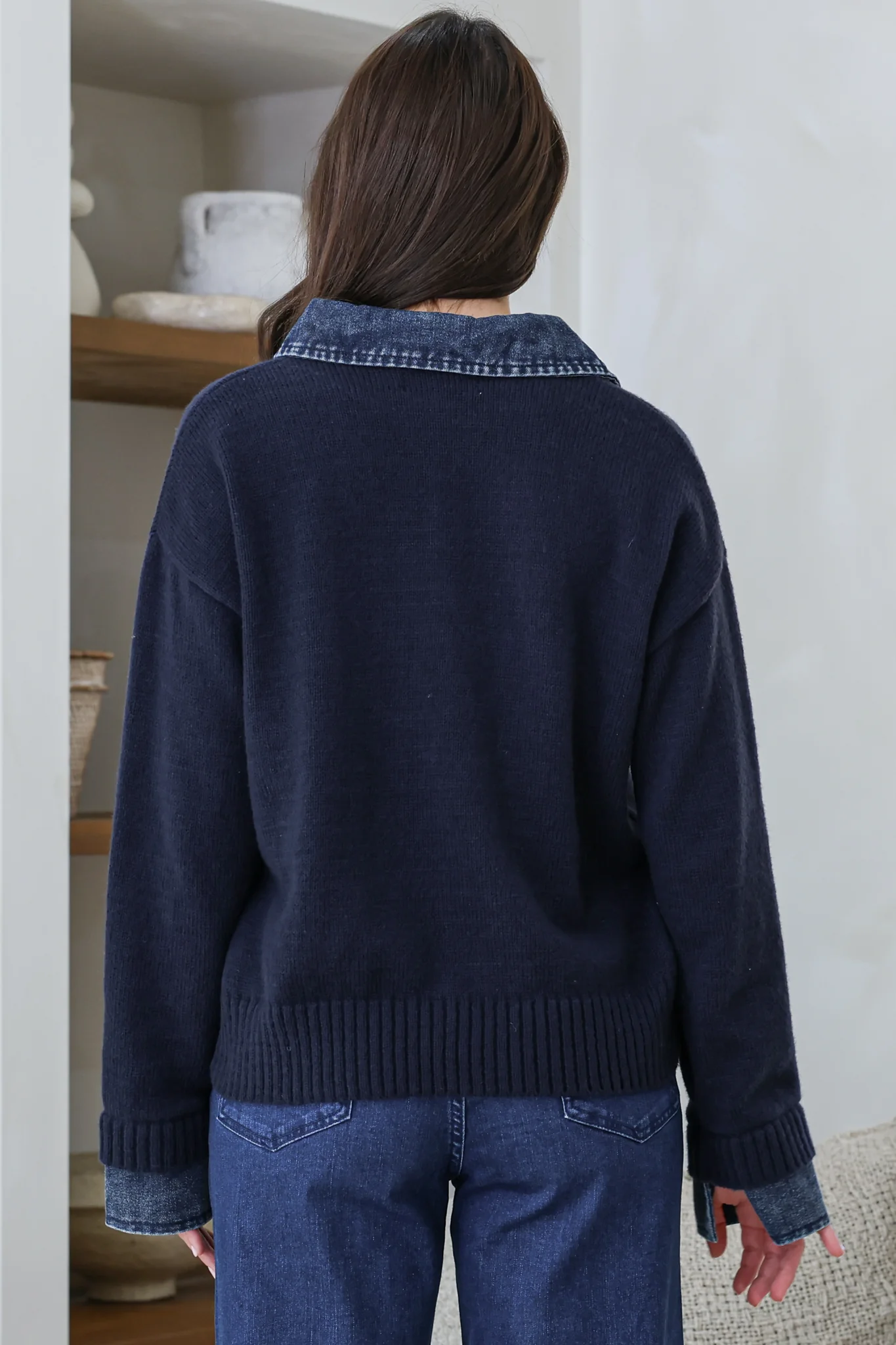 Maddie Jumper - Denim Wing Collar and Cuff Knit Pullover in Navy - Image 9