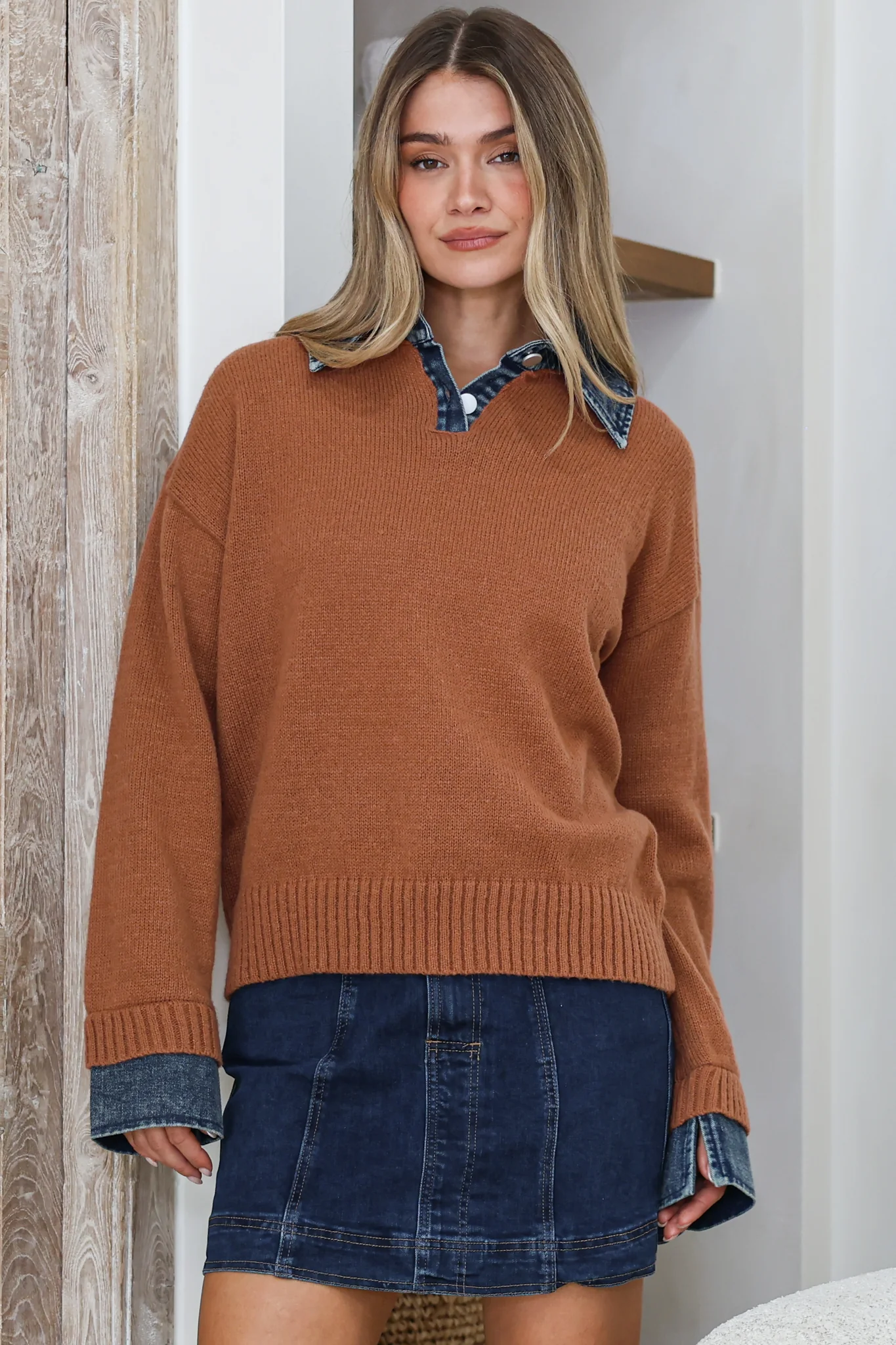 Maddie Jumper - Denim Wing Collar and Cuff Knit Pullover in Tan - Image 2