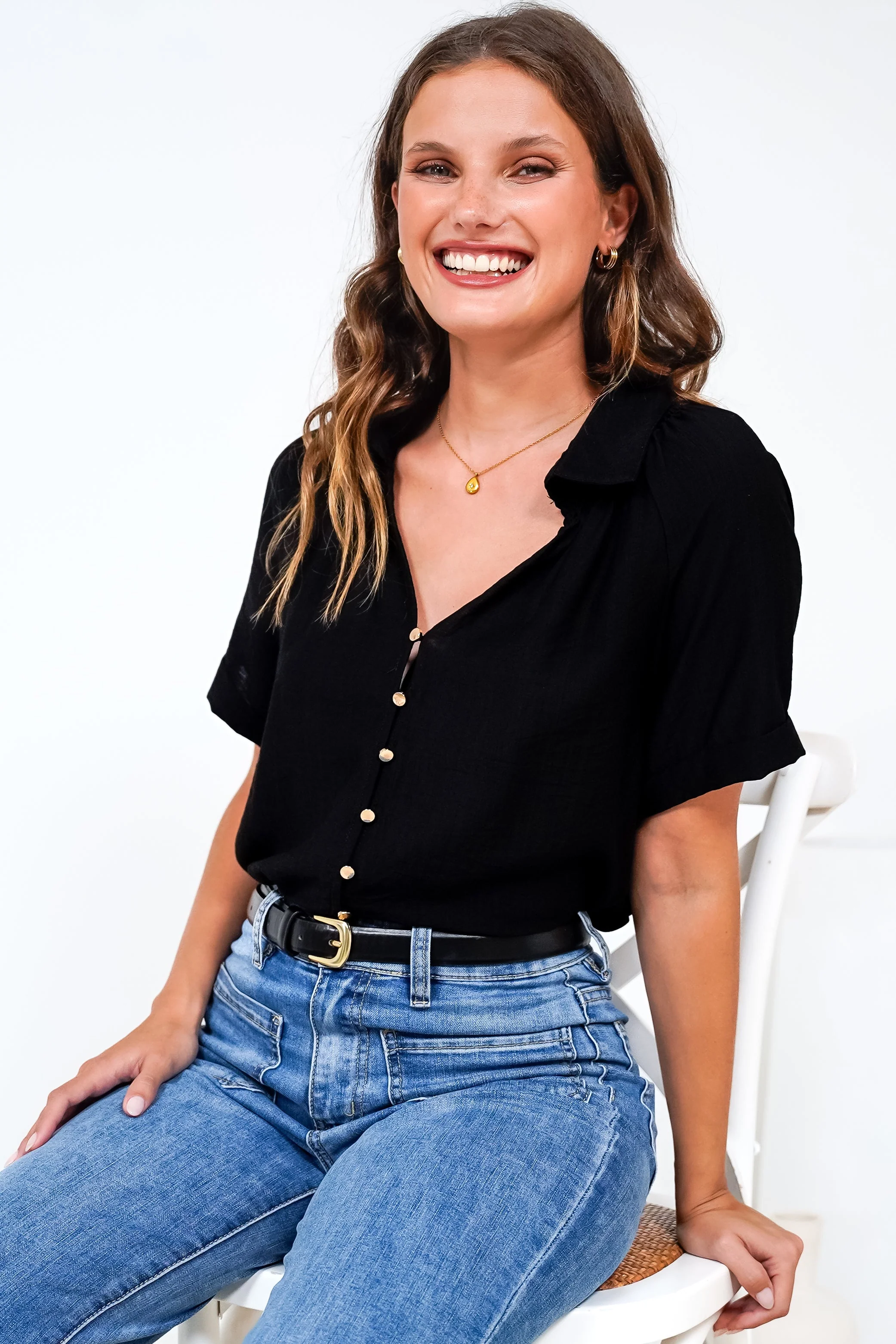 Madge Blouse - Collared Button Down with Short Sleeves in Black - Image 3