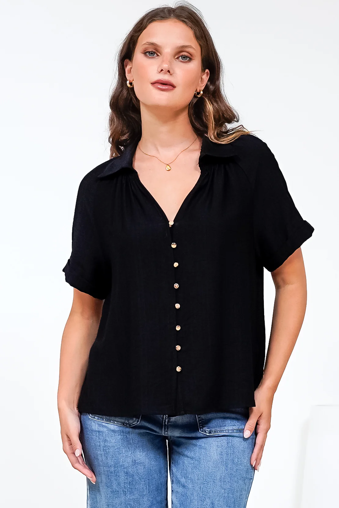 Madge Blouse - Collared Button Down with Short Sleeves in Black - Image 5