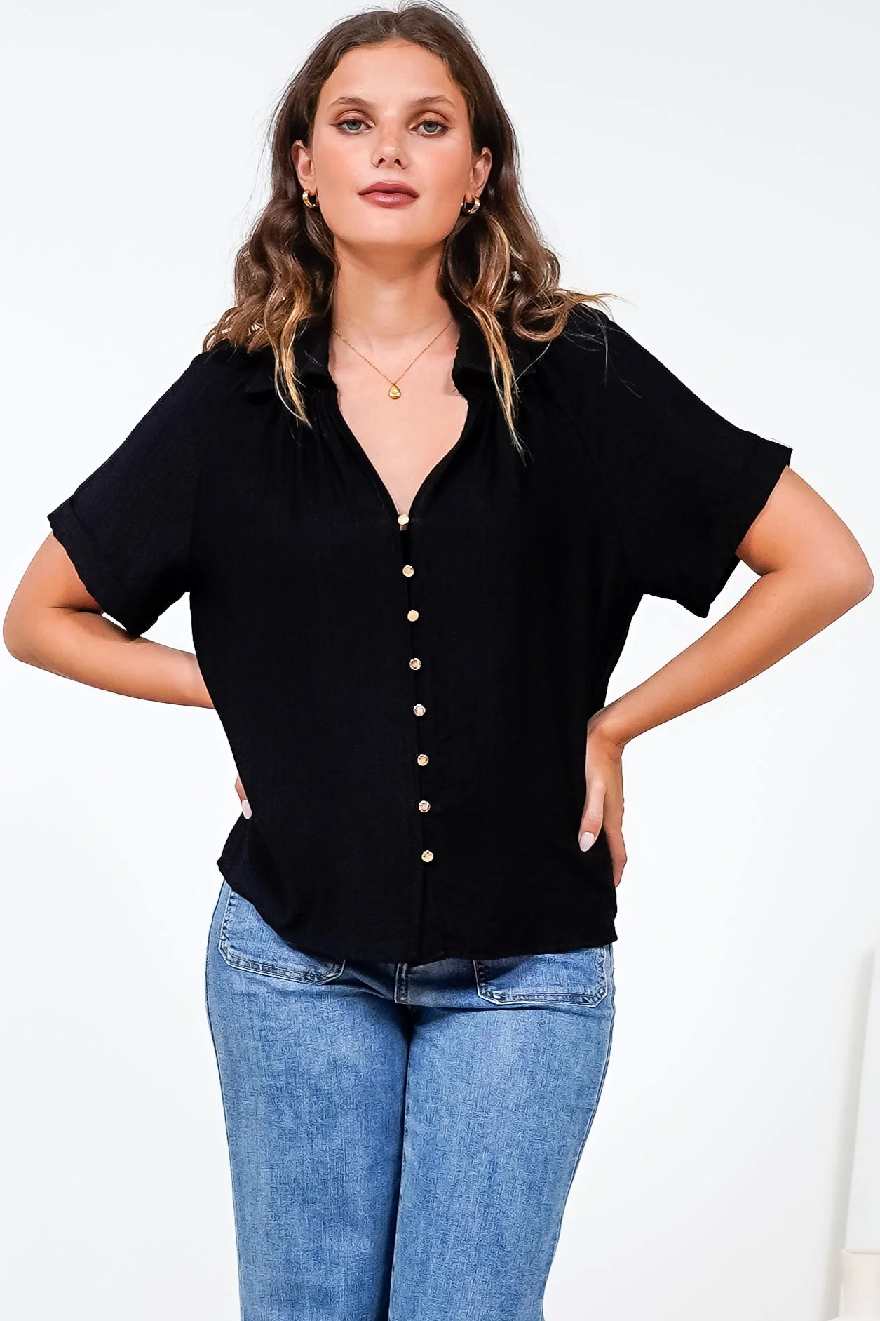 Madge Blouse - Collared Button Down with Short Sleeves in Black - Image 6