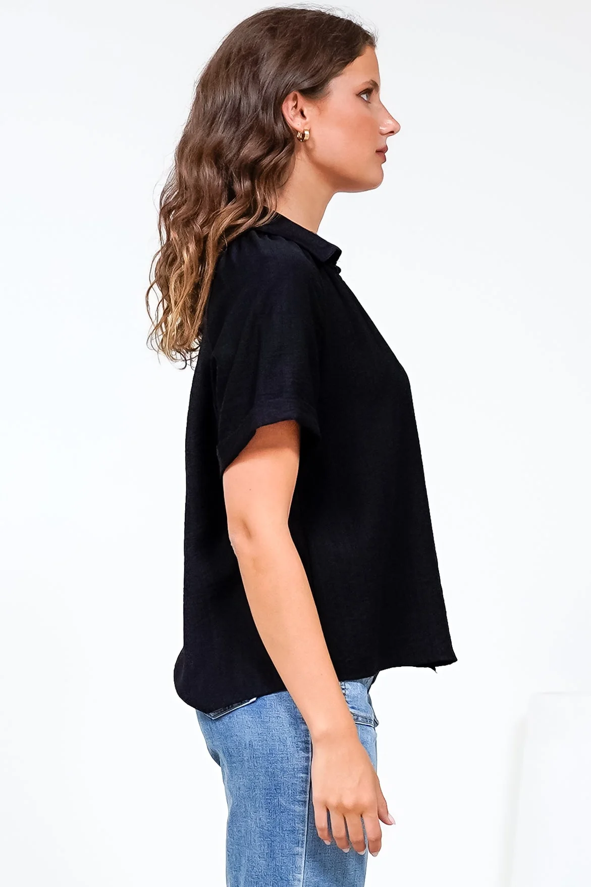 Madge Blouse - Collared Button Down with Short Sleeves in Black - Image 7