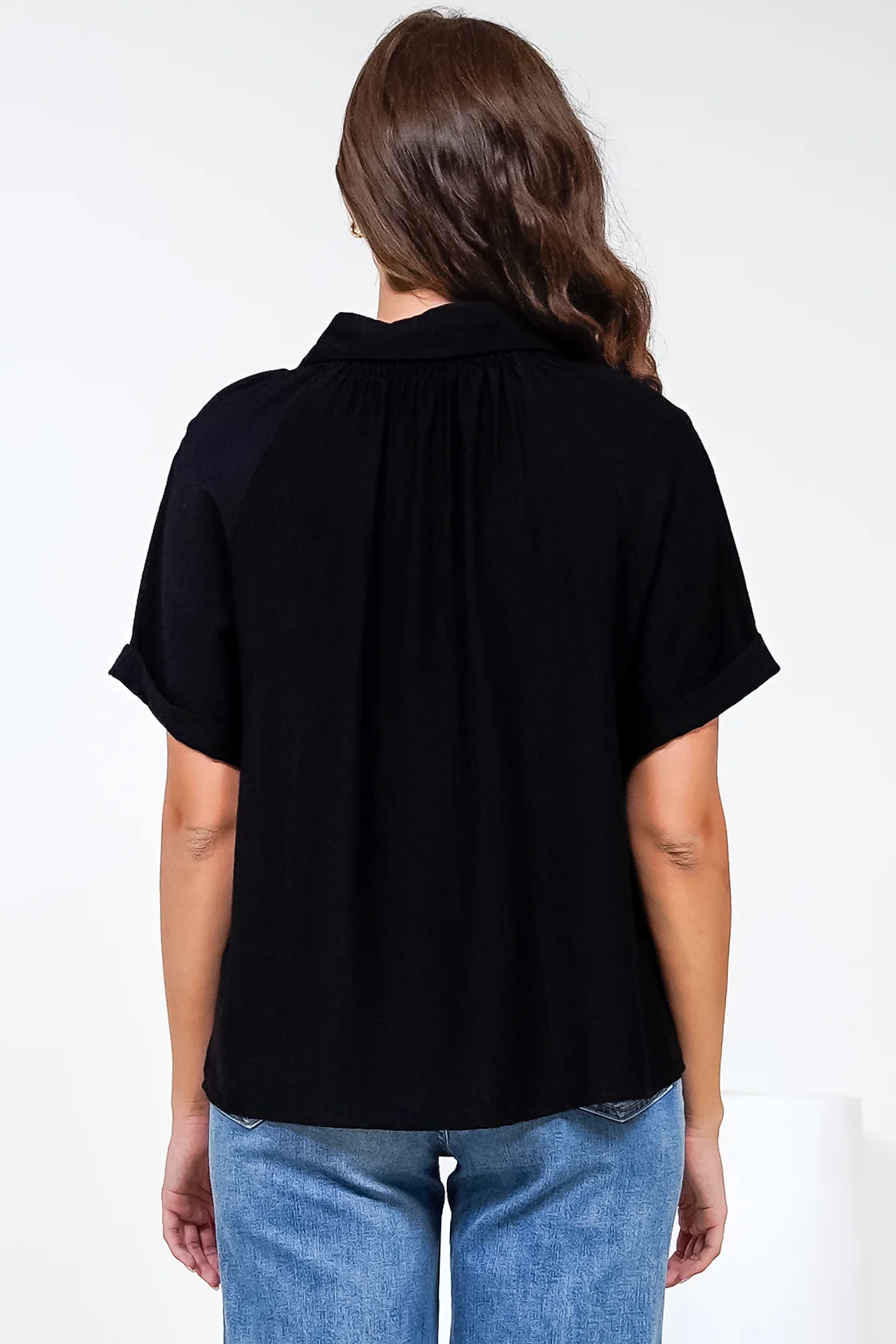 Madge Blouse - Collared Button Down with Short Sleeves in Black - Image 8