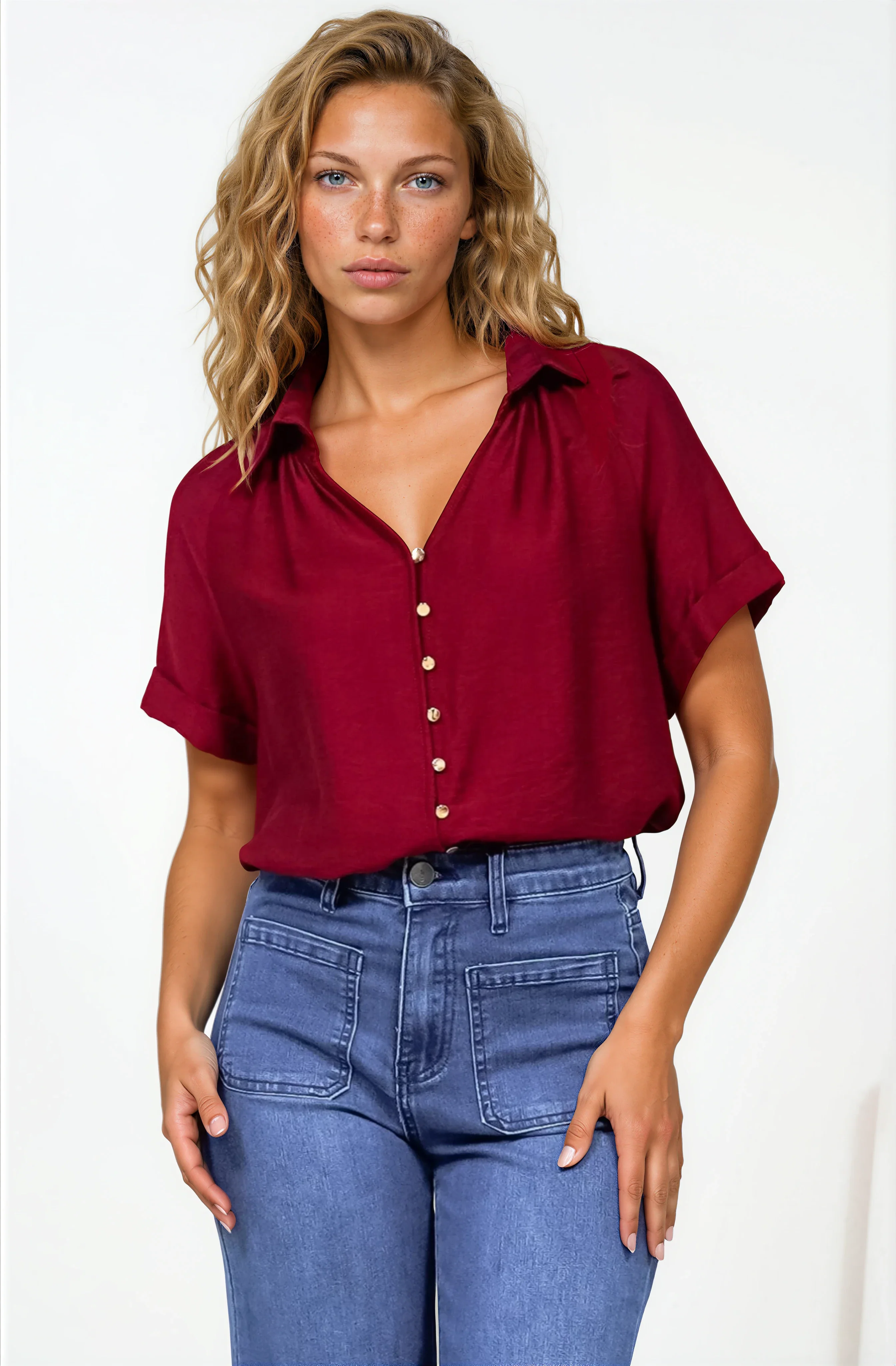 Madge Blouse - Collared Button Down with Short Sleeves in Wine - Image 2