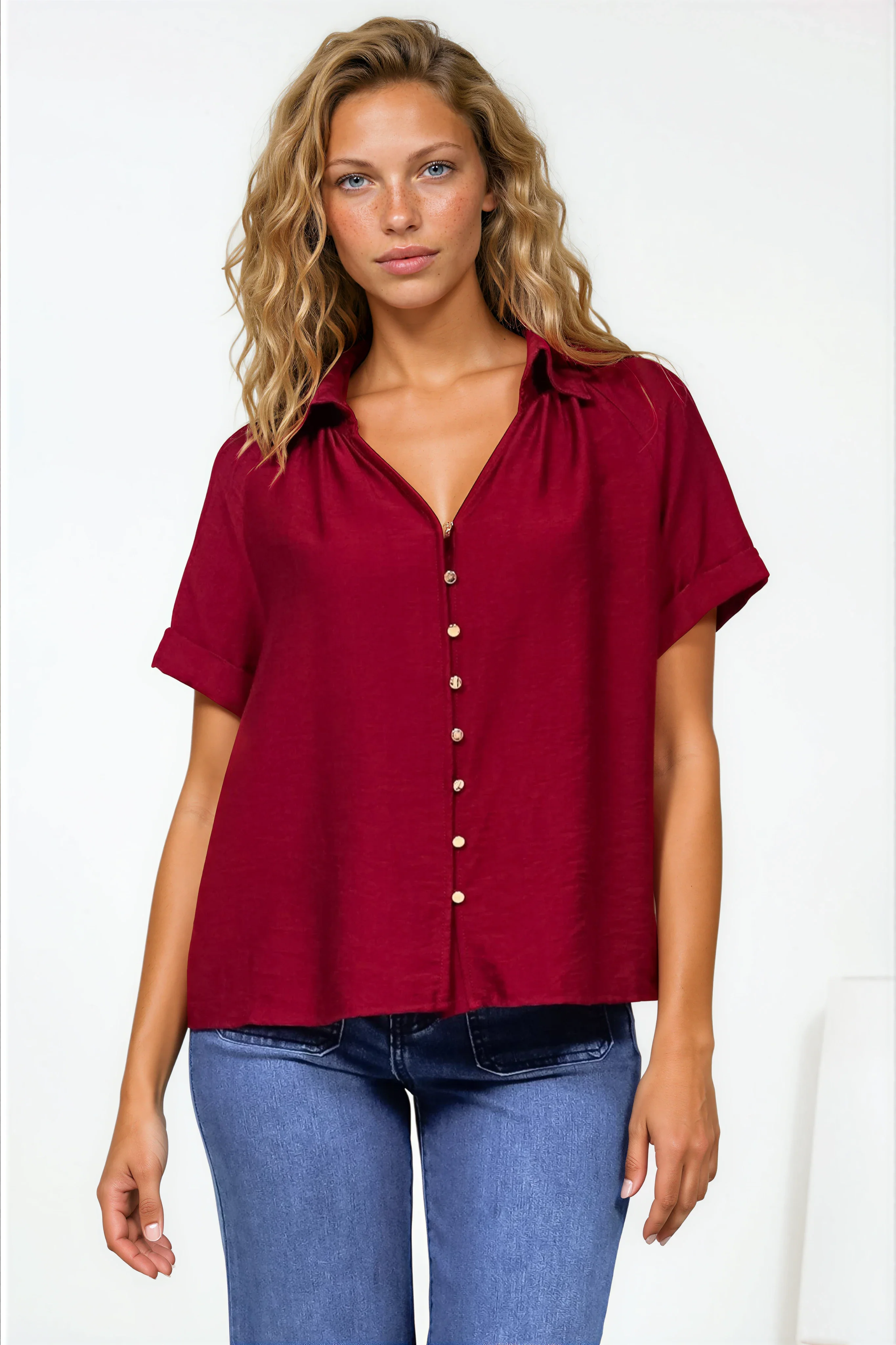 Madge Blouse - Collared Button Down with Short Sleeves in Wine - Image 3