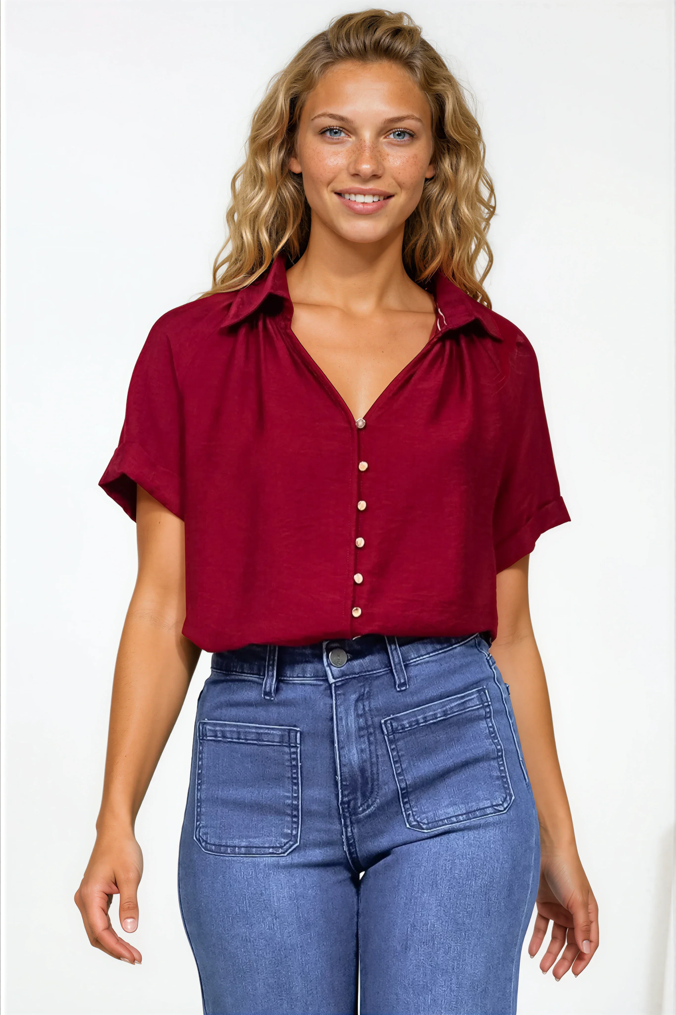 Madge Blouse - Collared Button Down with Short Sleeves in Wine - Image 4