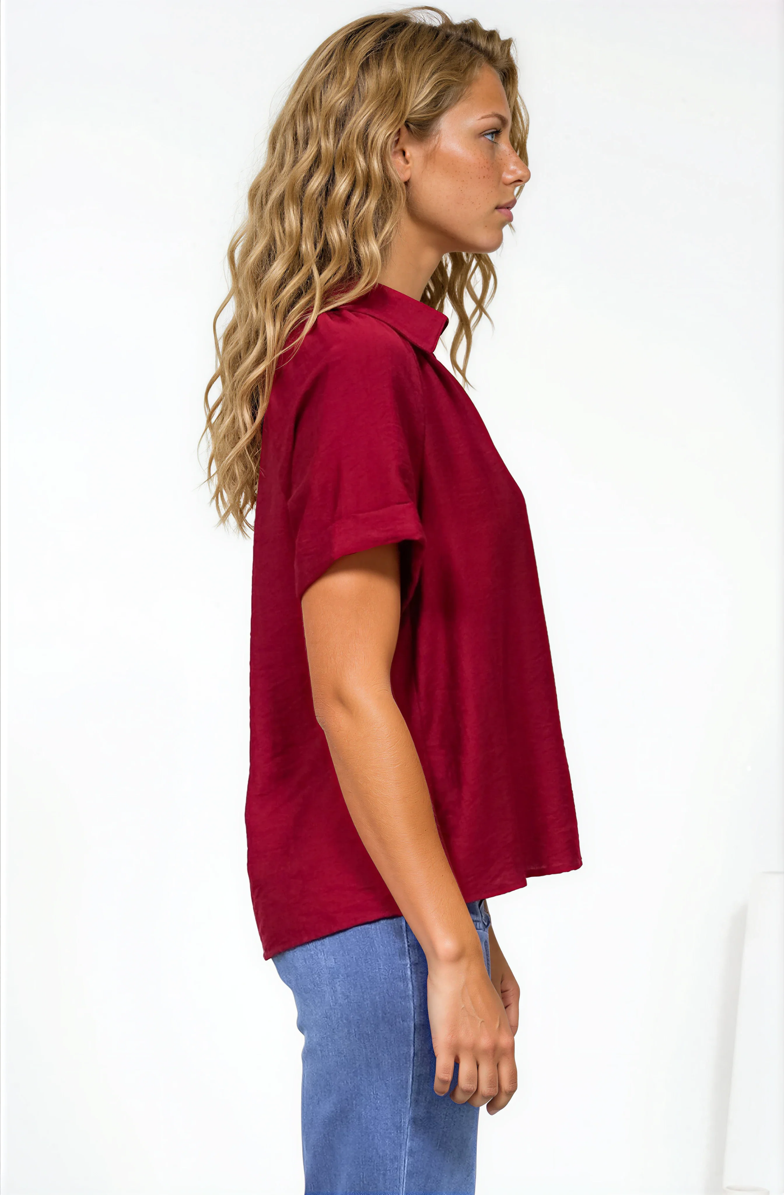 Madge Blouse - Collared Button Down with Short Sleeves in Wine - Image 5