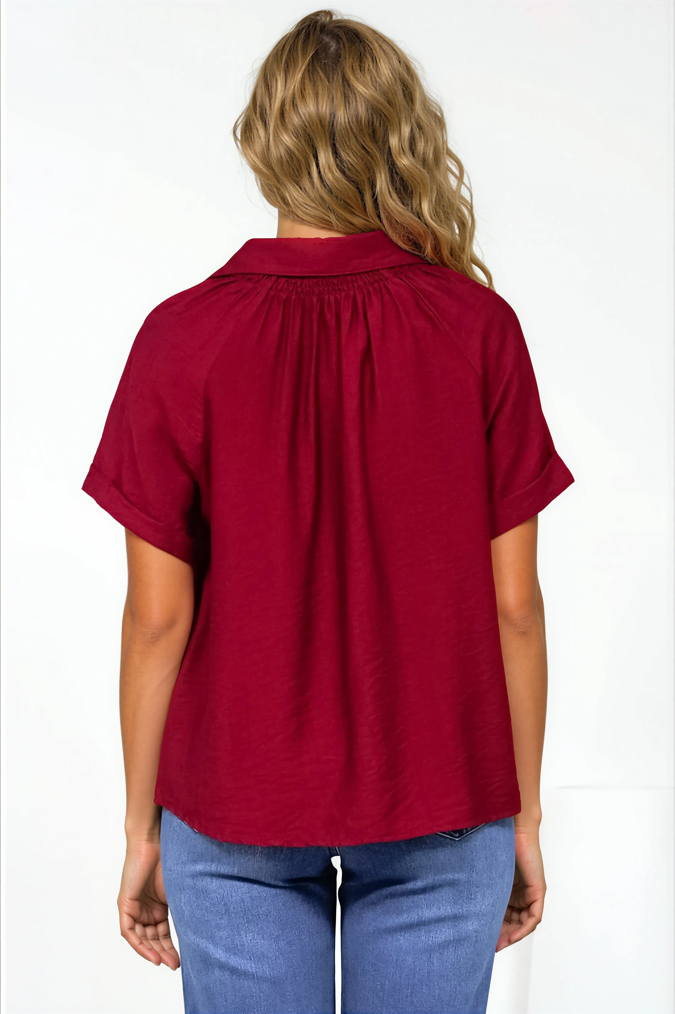 Madge Blouse - Collared Button Down with Short Sleeves in Wine - Image 6