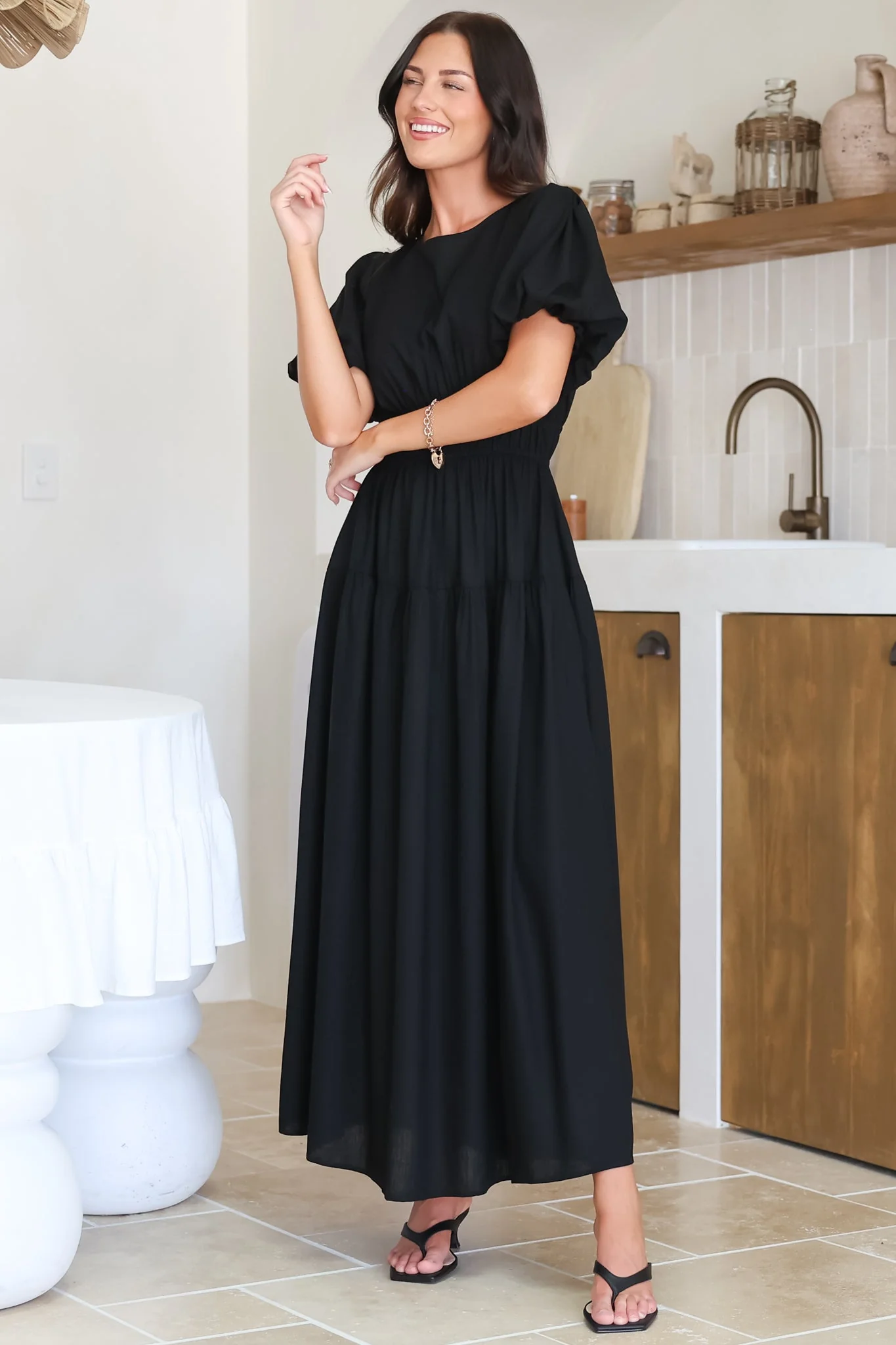 Maeana Maxi Dress - Short Balloon Sleeeve Elasticated Waist A Line Dress in Black - Image 10
