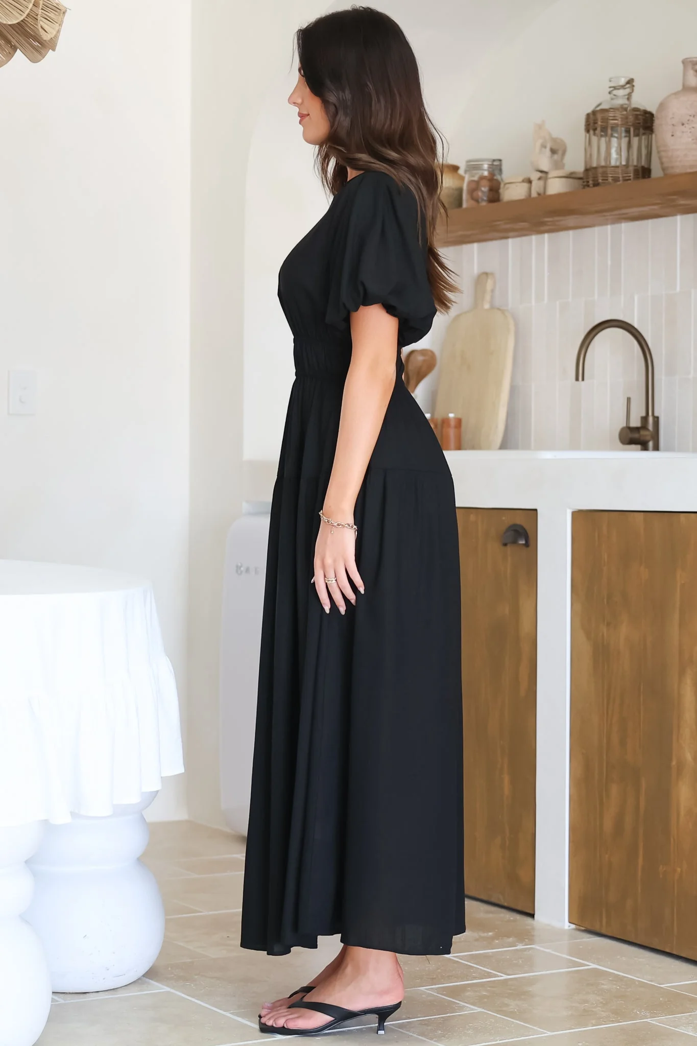 Maeana Maxi Dress - Short Balloon Sleeeve Elasticated Waist A Line Dress in Black - Image 11