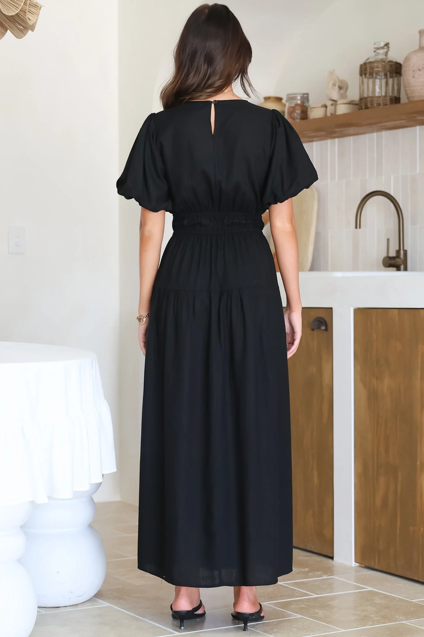 Maeana Maxi Dress - Short Balloon Sleeeve Elasticated Waist A Line Dress in Black - Image 12
