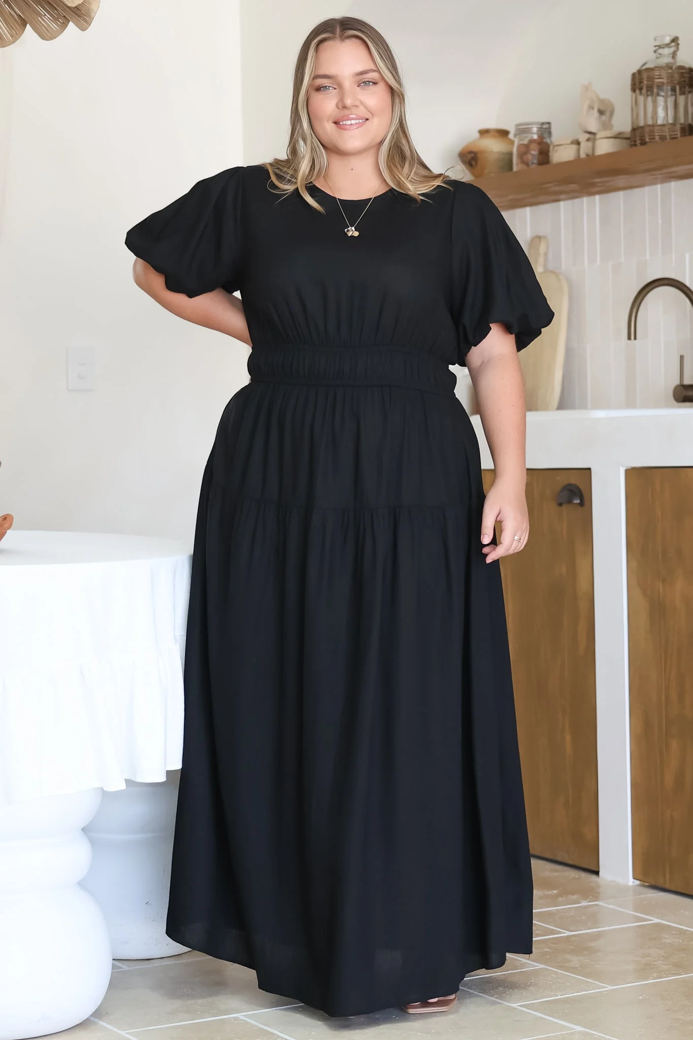 Maeana Maxi Dress - Short Balloon Sleeeve Elasticated Waist A Line Dress in Black - Image 2