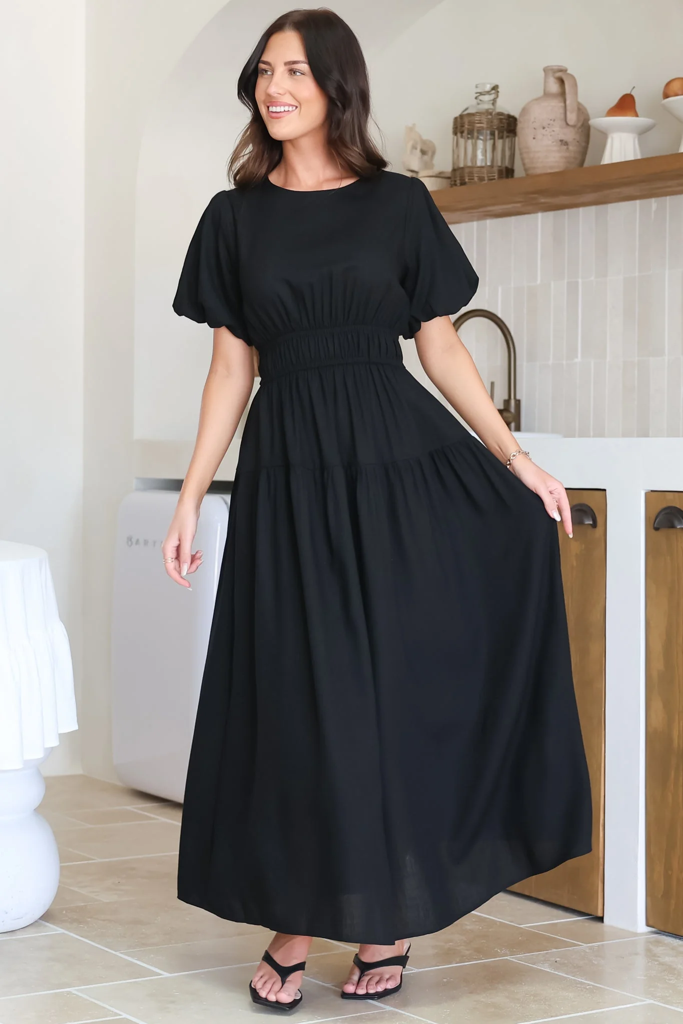 Maeana Maxi Dress - Short Balloon Sleeeve Elasticated Waist A Line Dress in Black - Image 3