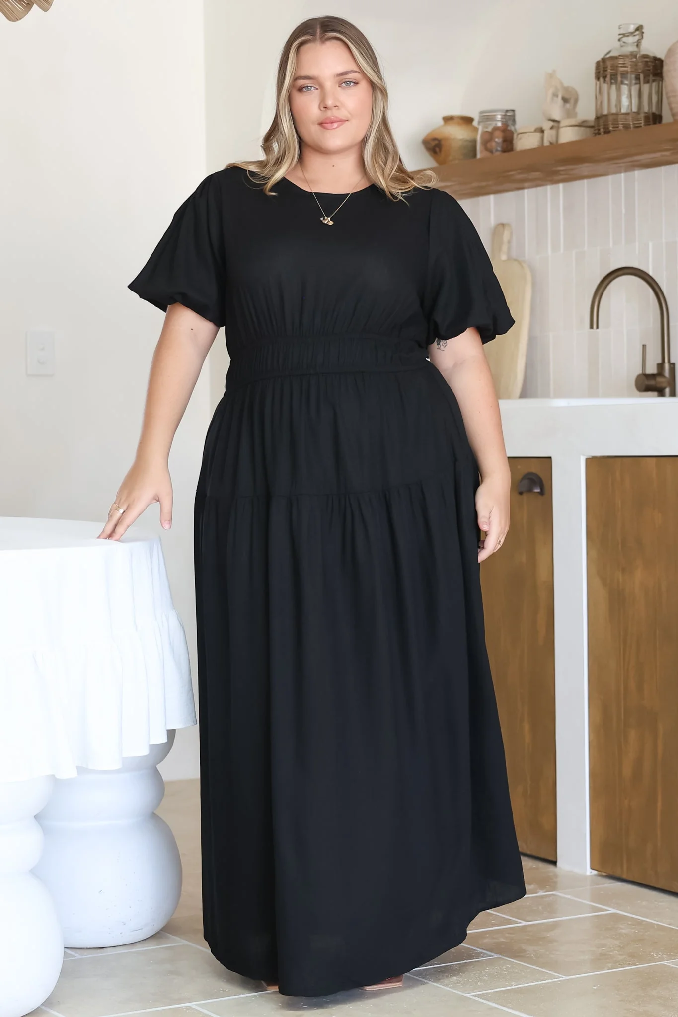 Maeana Maxi Dress - Short Balloon Sleeeve Elasticated Waist A Line Dress in Black - Image 4