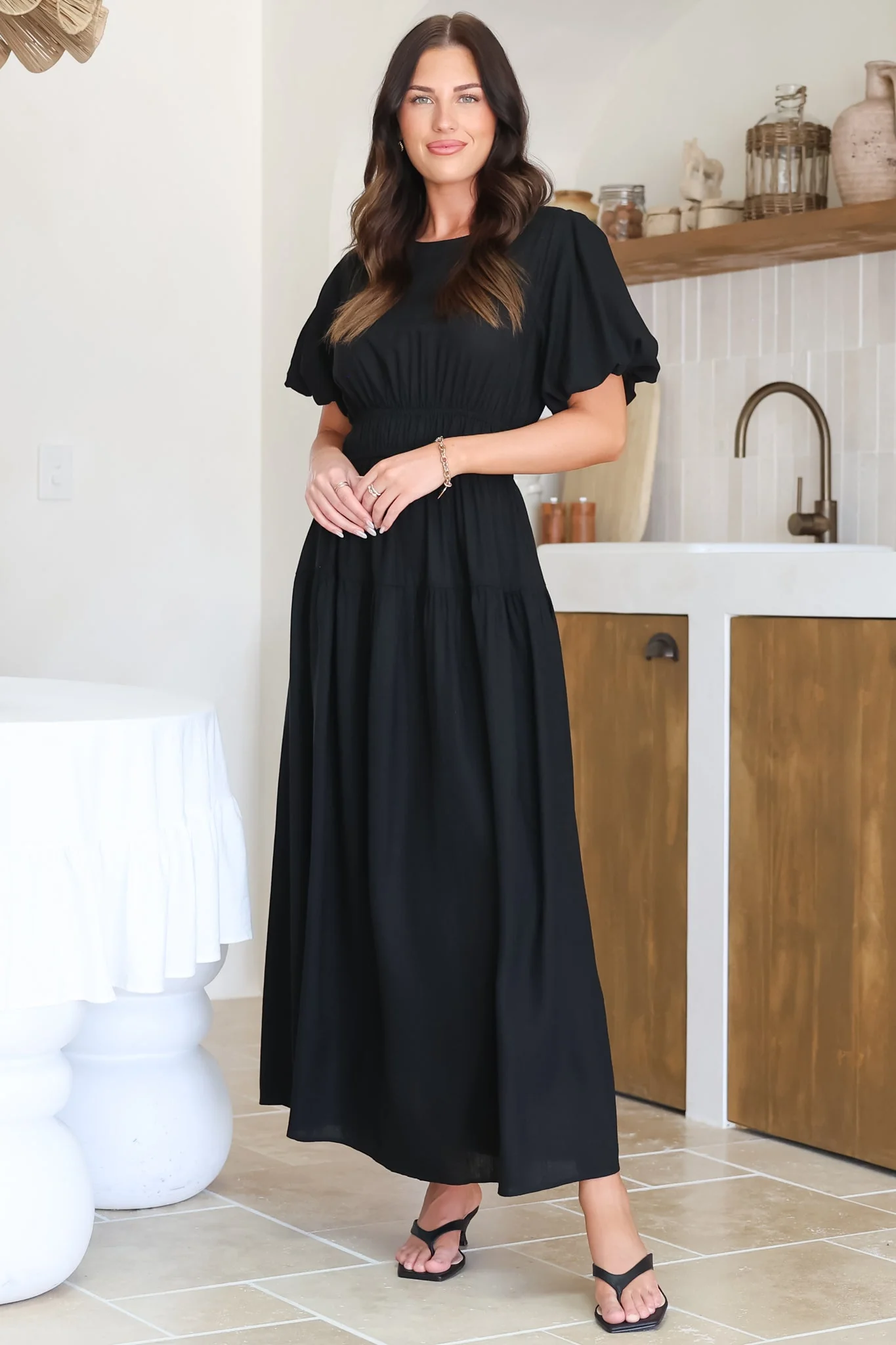 Maeana Maxi Dress - Short Balloon Sleeeve Elasticated Waist A Line Dress in Black - Image 5