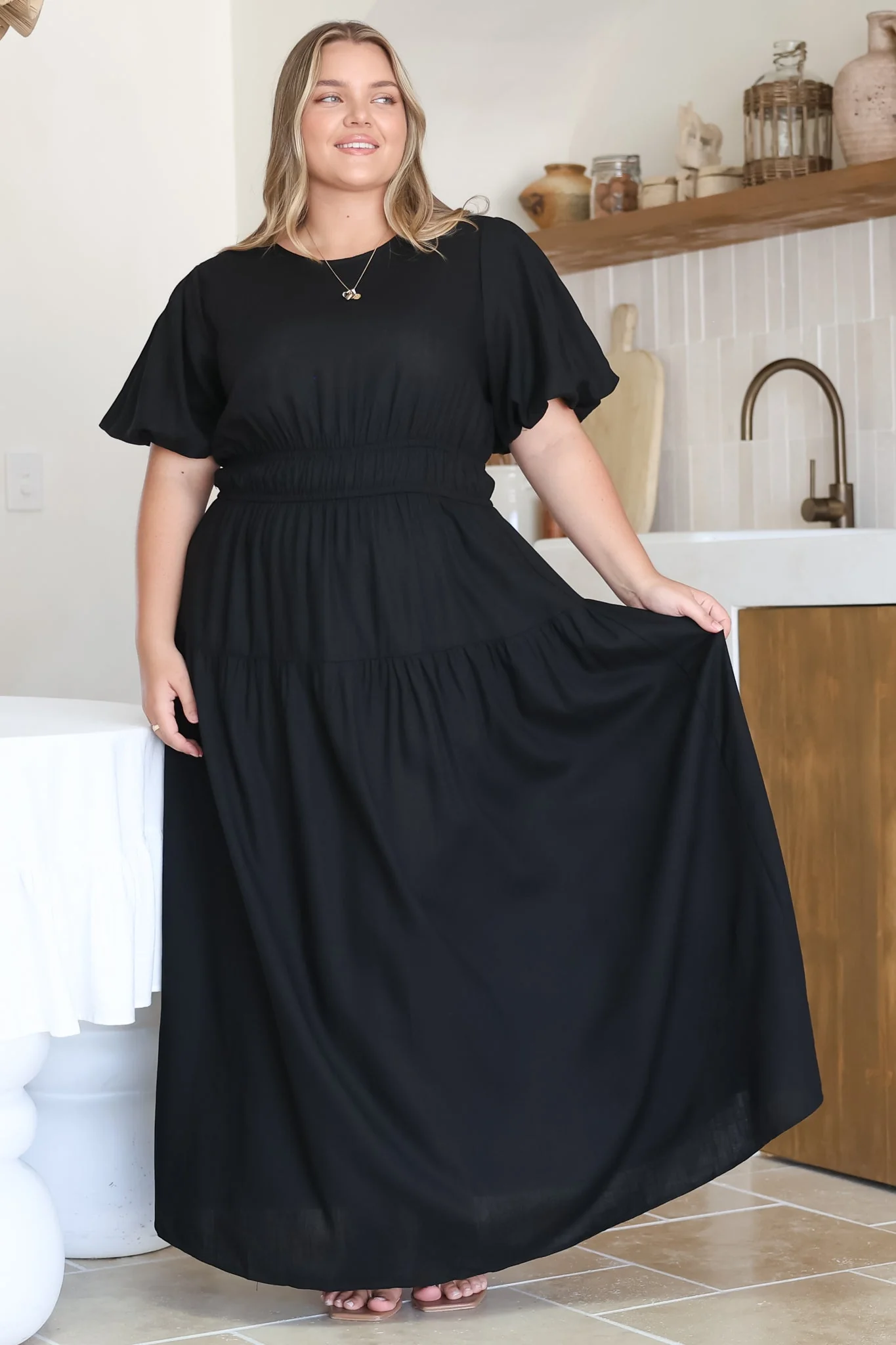Maeana Maxi Dress - Short Balloon Sleeeve Elasticated Waist A Line Dress in Black - Image 6