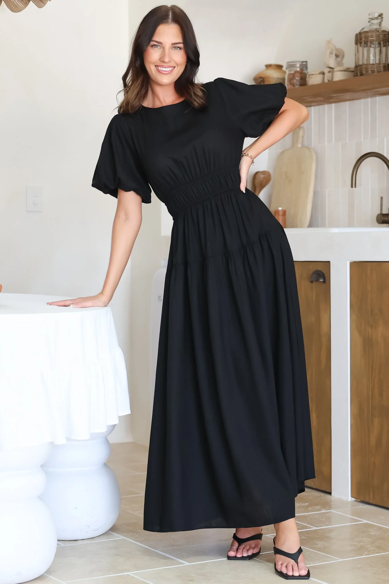 Maeana Maxi Dress - Short Balloon Sleeeve Elasticated Waist A Line Dress in Black - Image 7