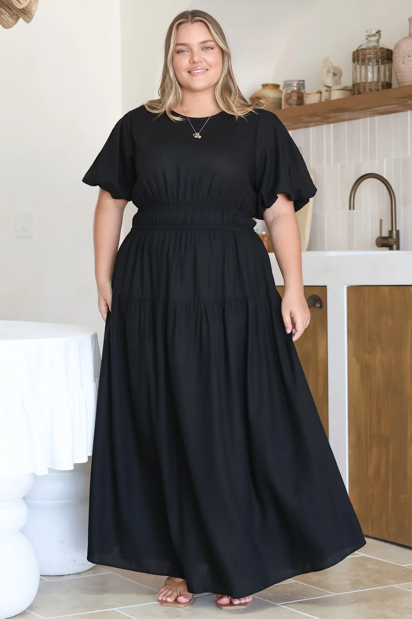 Maeana Maxi Dress - Short Balloon Sleeeve Elasticated Waist A Line Dress in Black - Image 8