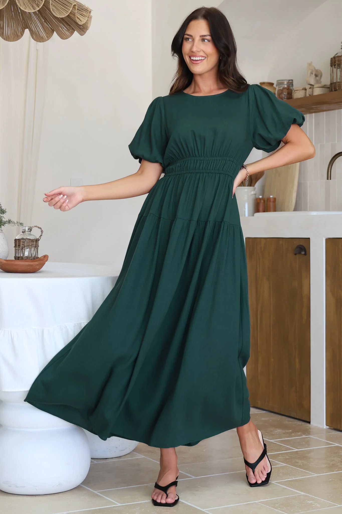 Maeana Maxi Dress - Short Balloon Sleeeve Elasticated Waist A Line Dress in Emerald - Image 10