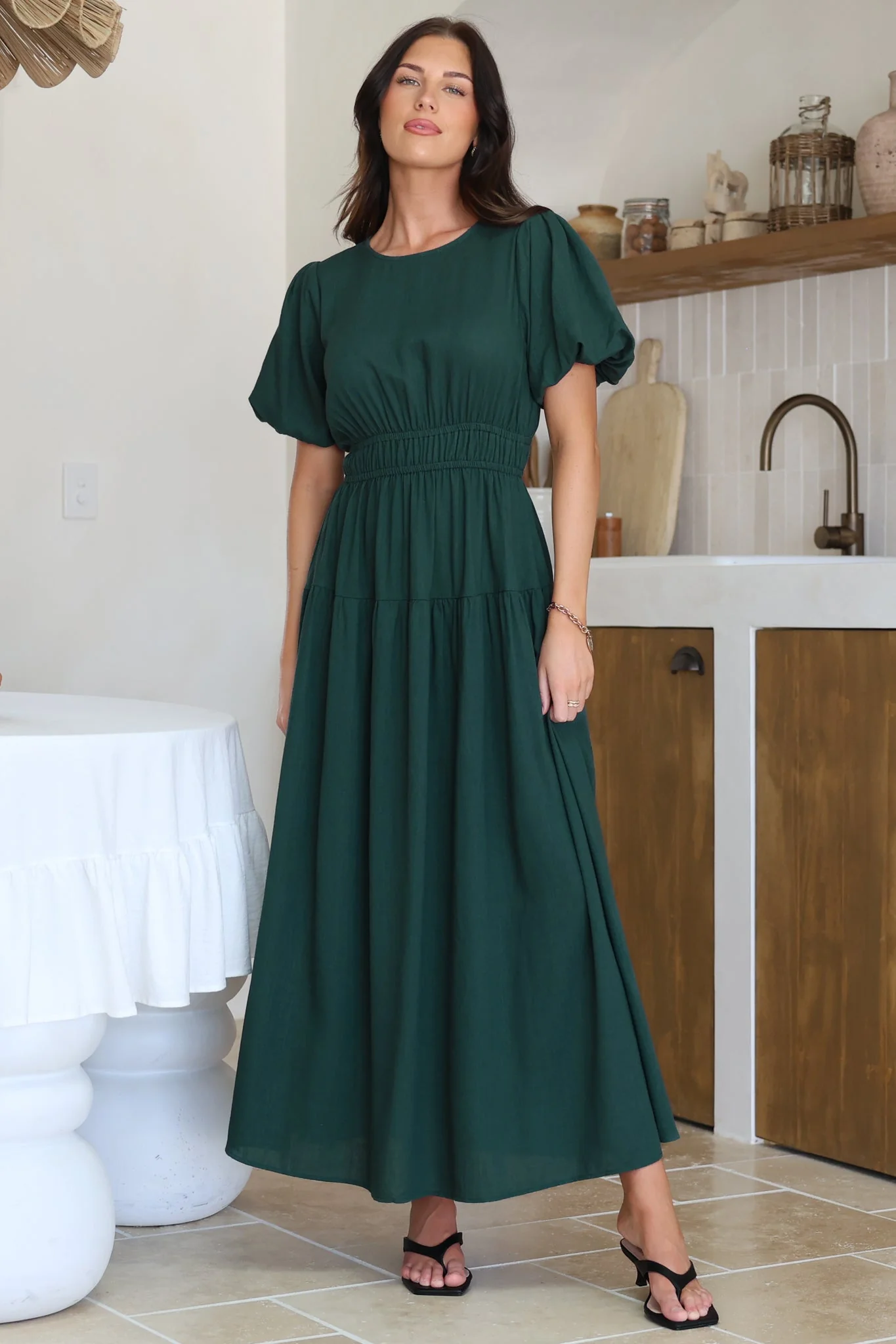 Maeana Maxi Dress - Short Balloon Sleeeve Elasticated Waist A Line Dress in Emerald - Image 11