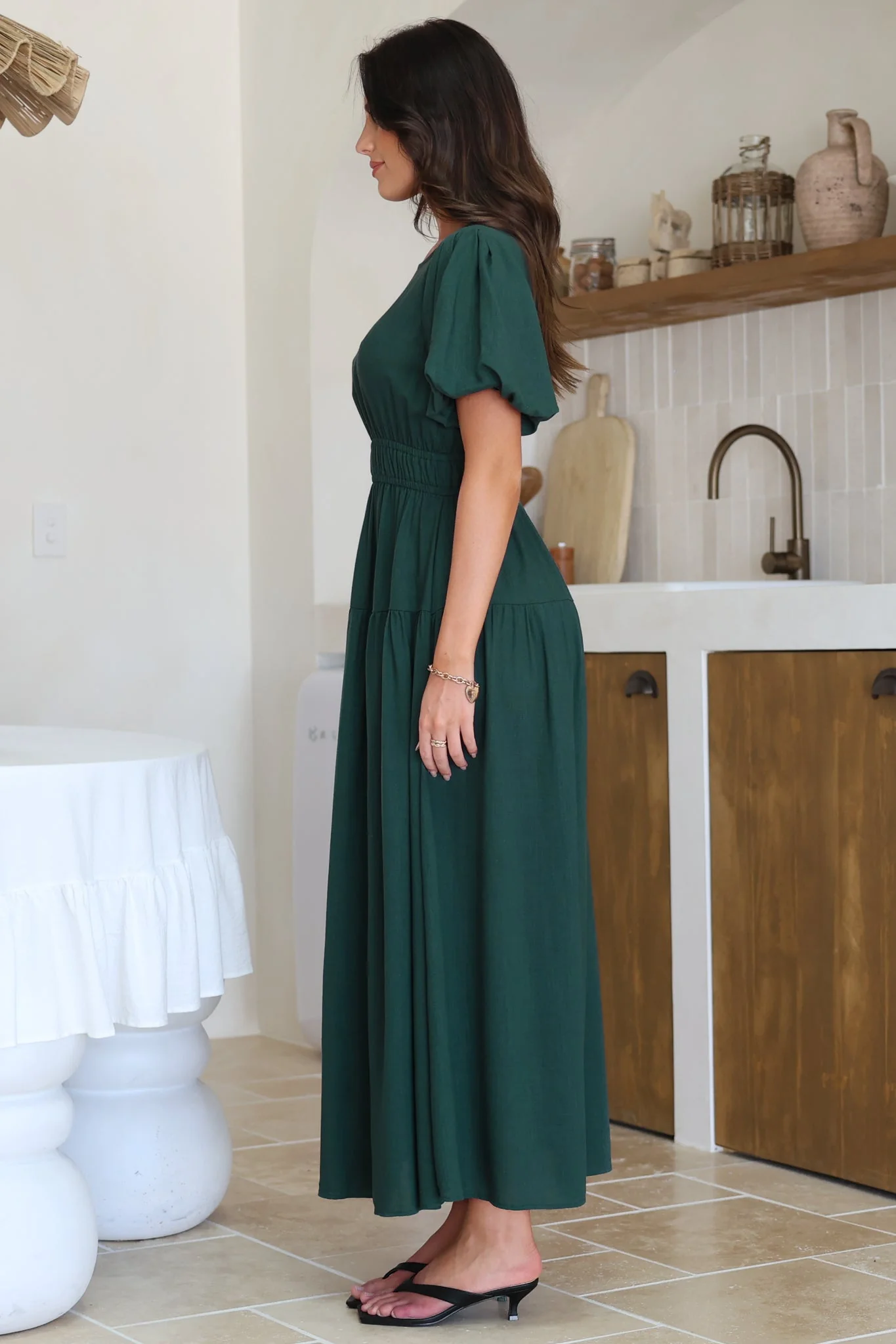 Maeana Maxi Dress - Short Balloon Sleeeve Elasticated Waist A Line Dress in Emerald - Image 12