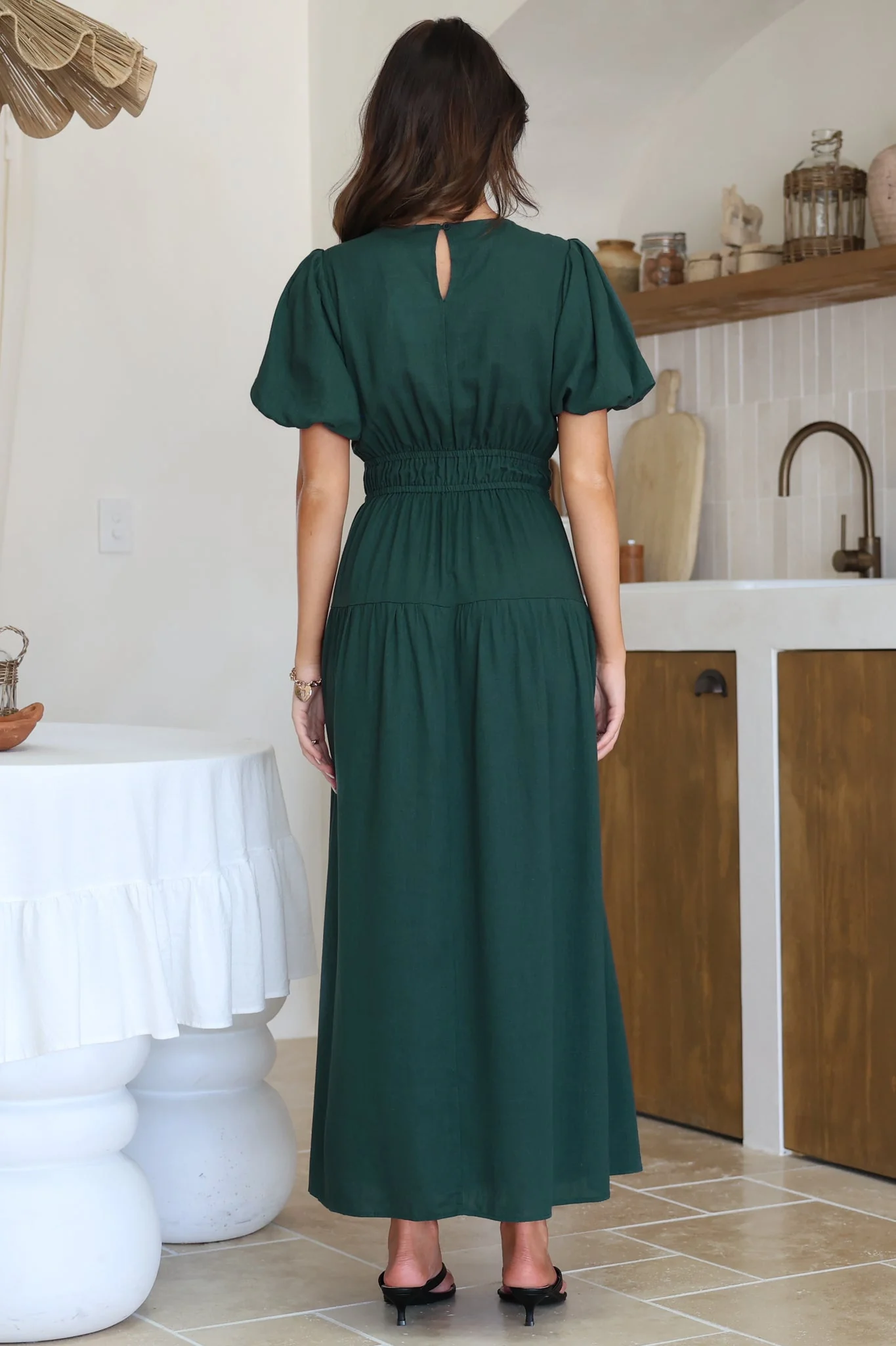 Maeana Maxi Dress - Short Balloon Sleeeve Elasticated Waist A Line Dress in Emerald - Image 13