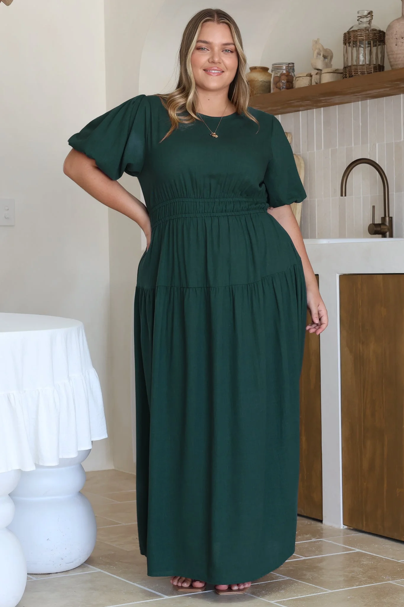 Maeana Maxi Dress - Short Balloon Sleeeve Elasticated Waist A Line Dress in Emerald - Image 2
