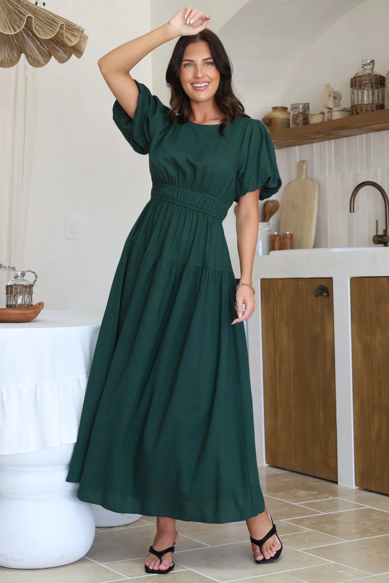 Maeana Maxi Dress - Short Balloon Sleeeve Elasticated Waist A Line Dress in Emerald - Image 3