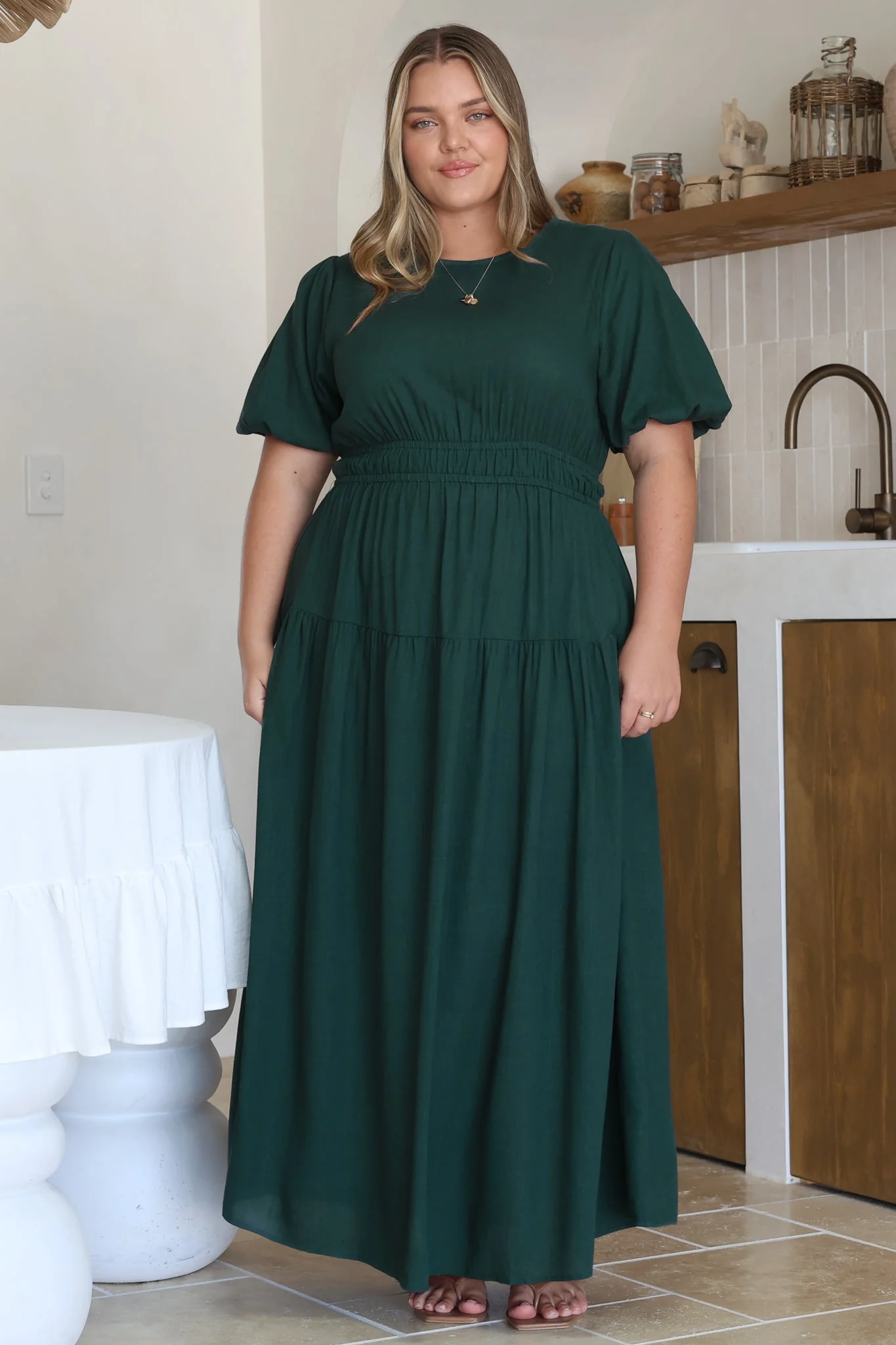 Maeana Maxi Dress - Short Balloon Sleeeve Elasticated Waist A Line Dress in Emerald - Image 4
